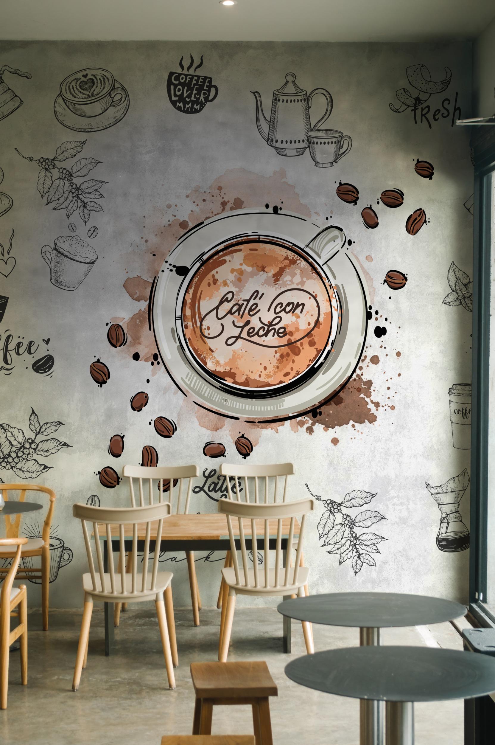 Watercolor Capuccino Art Coffee Shop Wallpaper Mural
