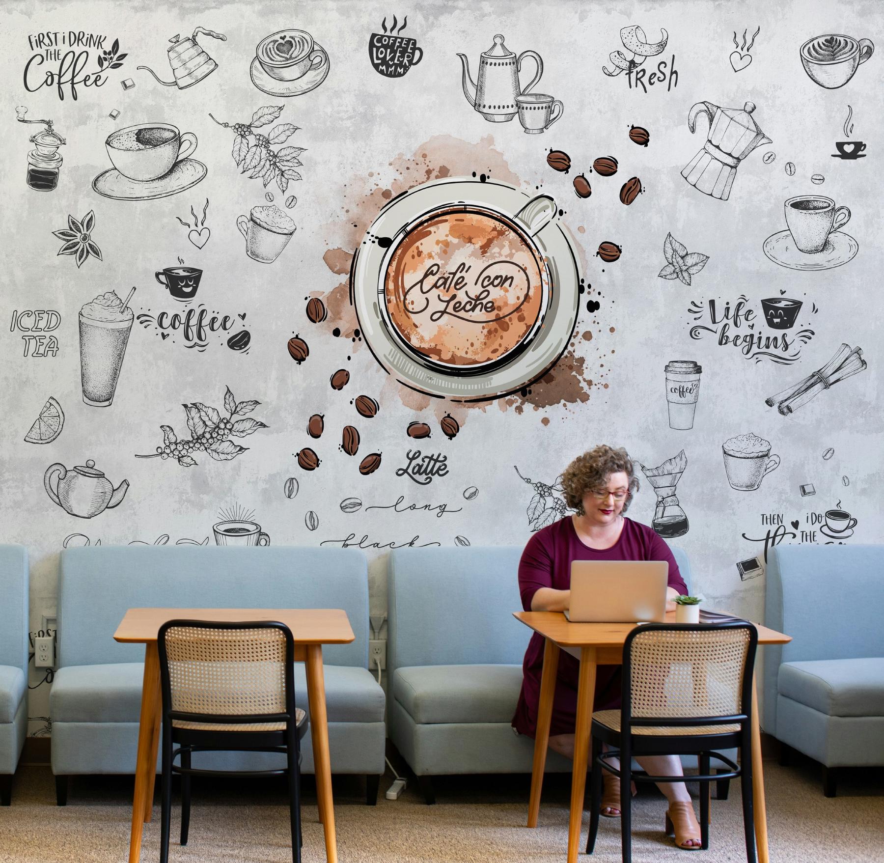 Watercolor Capuccino Art Coffee Shop Wallpaper Mural