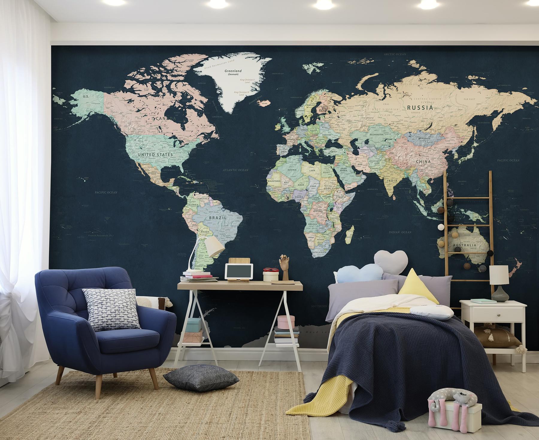 Political World Map Dark Background Wallpaper Mural