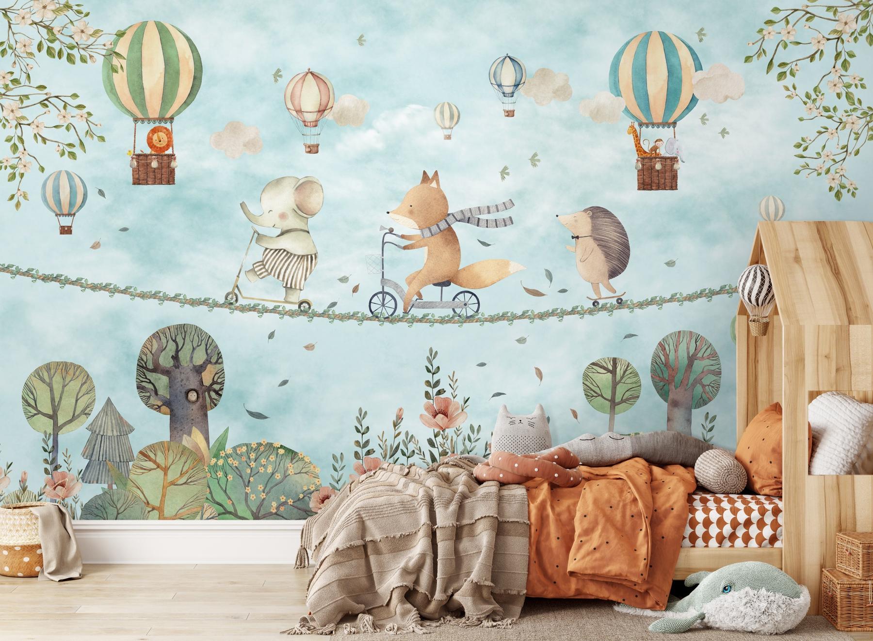 Whimsical Woodland Animals and Balloons Wall Mural