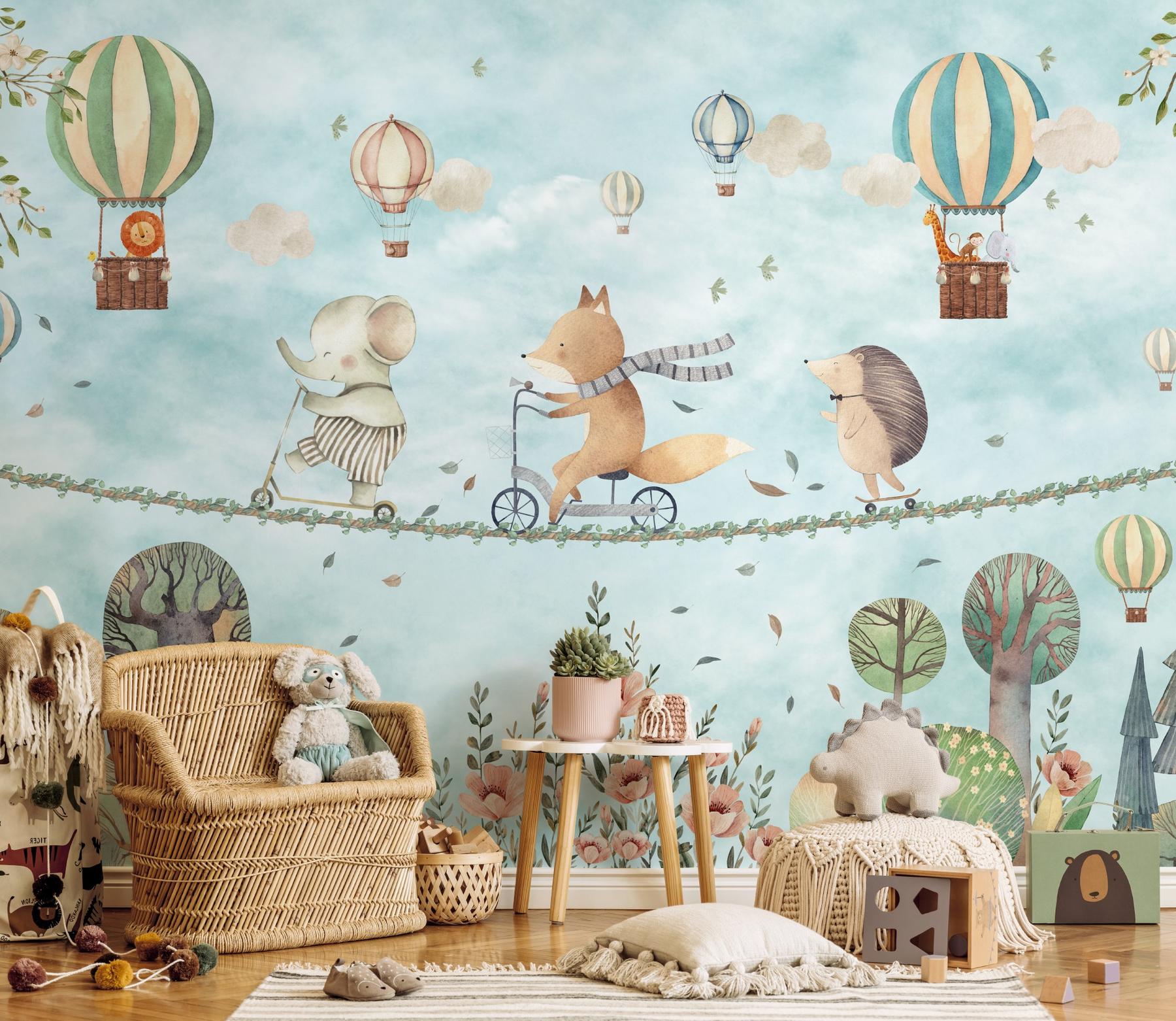 Whimsical Woodland Animals and Balloons Wall Mural