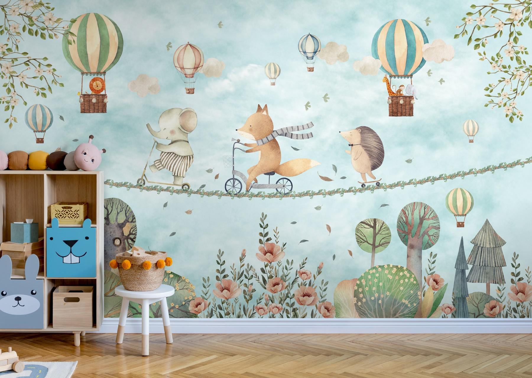 Whimsical Woodland Animals and Balloons Wall Mural
