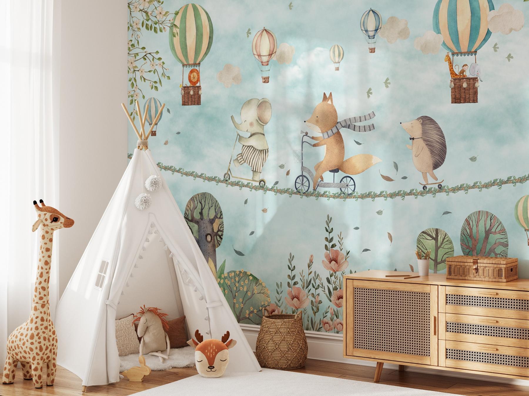 Whimsical Woodland Animals and Balloons Wall Mural