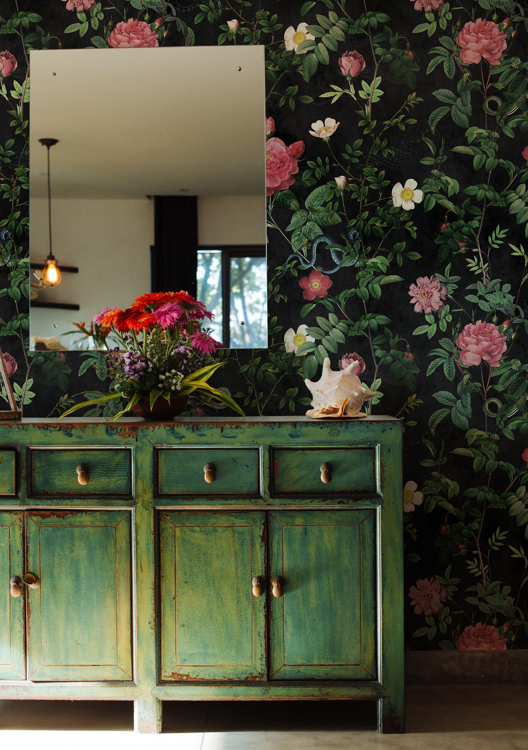Vintage Botanical Floral Garden Dark Wallpaper Mural