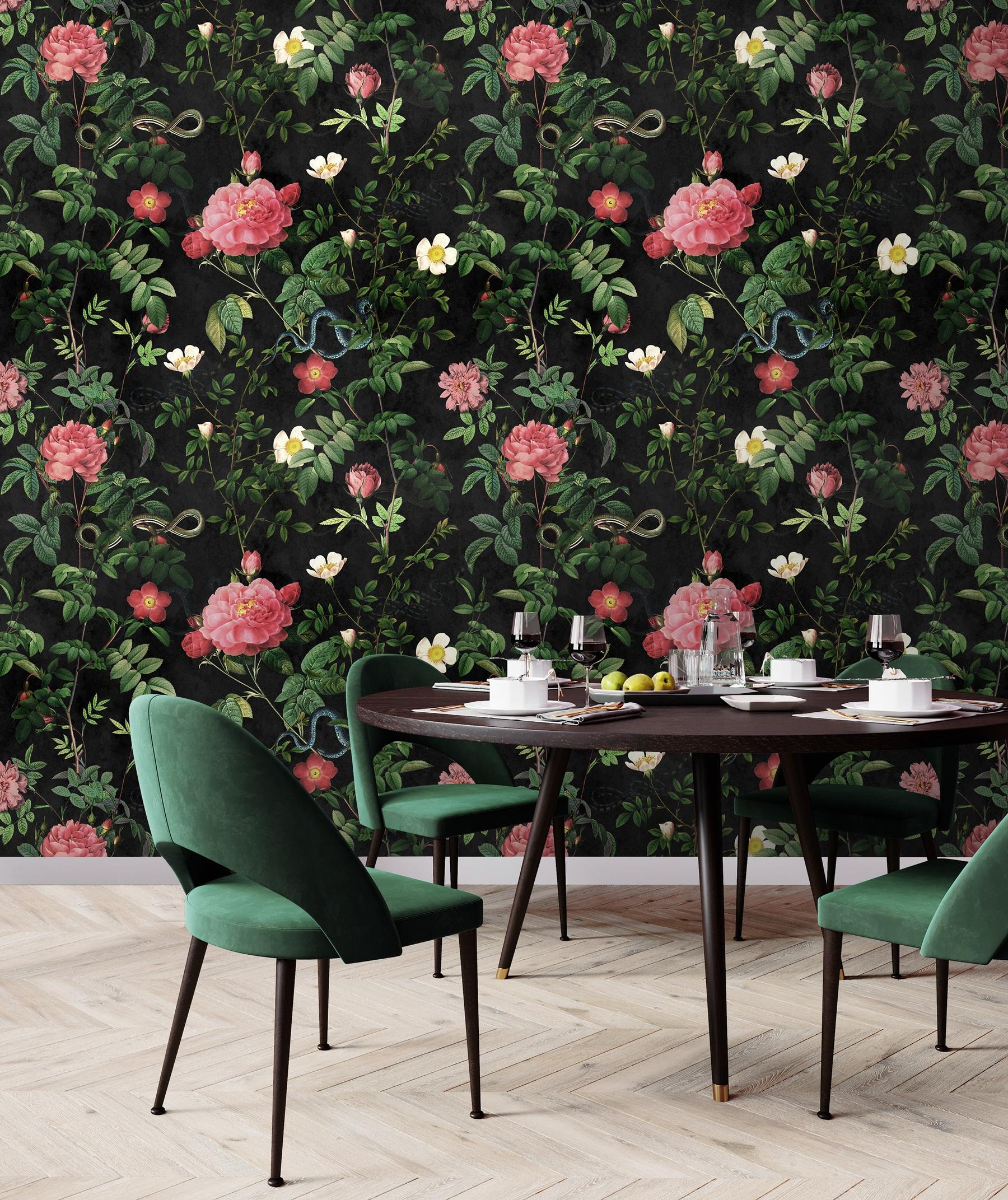 Vintage Botanical Floral Garden Dark Wallpaper Mural