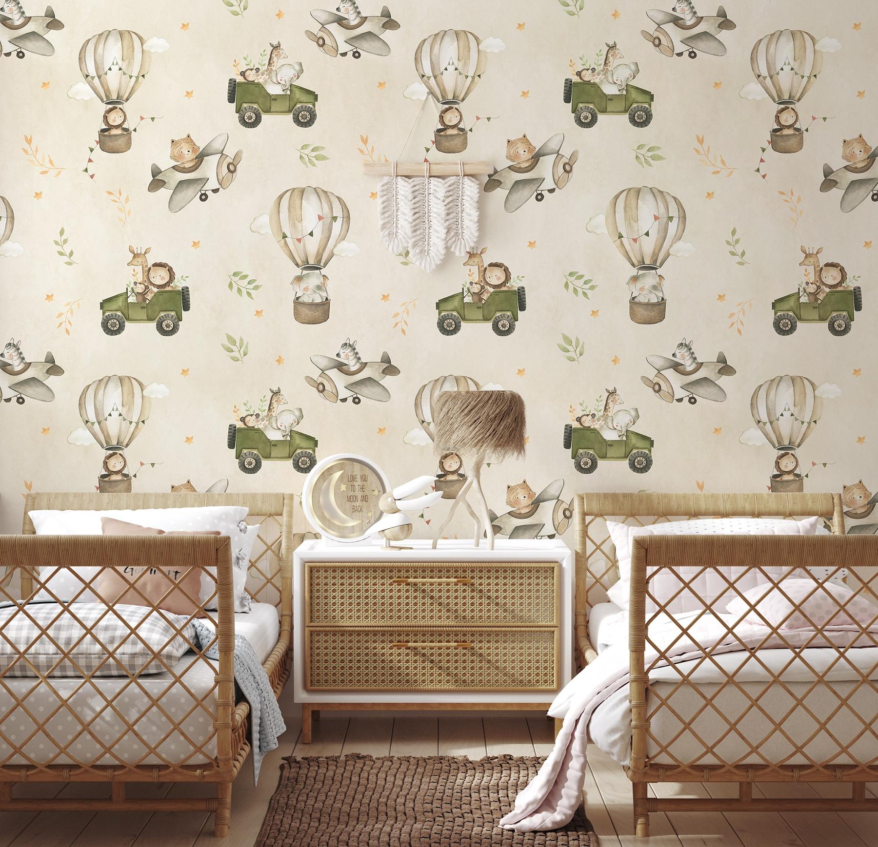 Kids Cute Cartoon Animals in Planes Pattern Wallpaper Mural