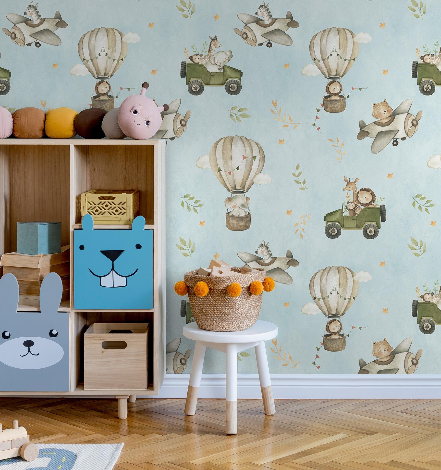 Kids Cute Cartoon Animals in Planes Pattern Wallpaper Mural