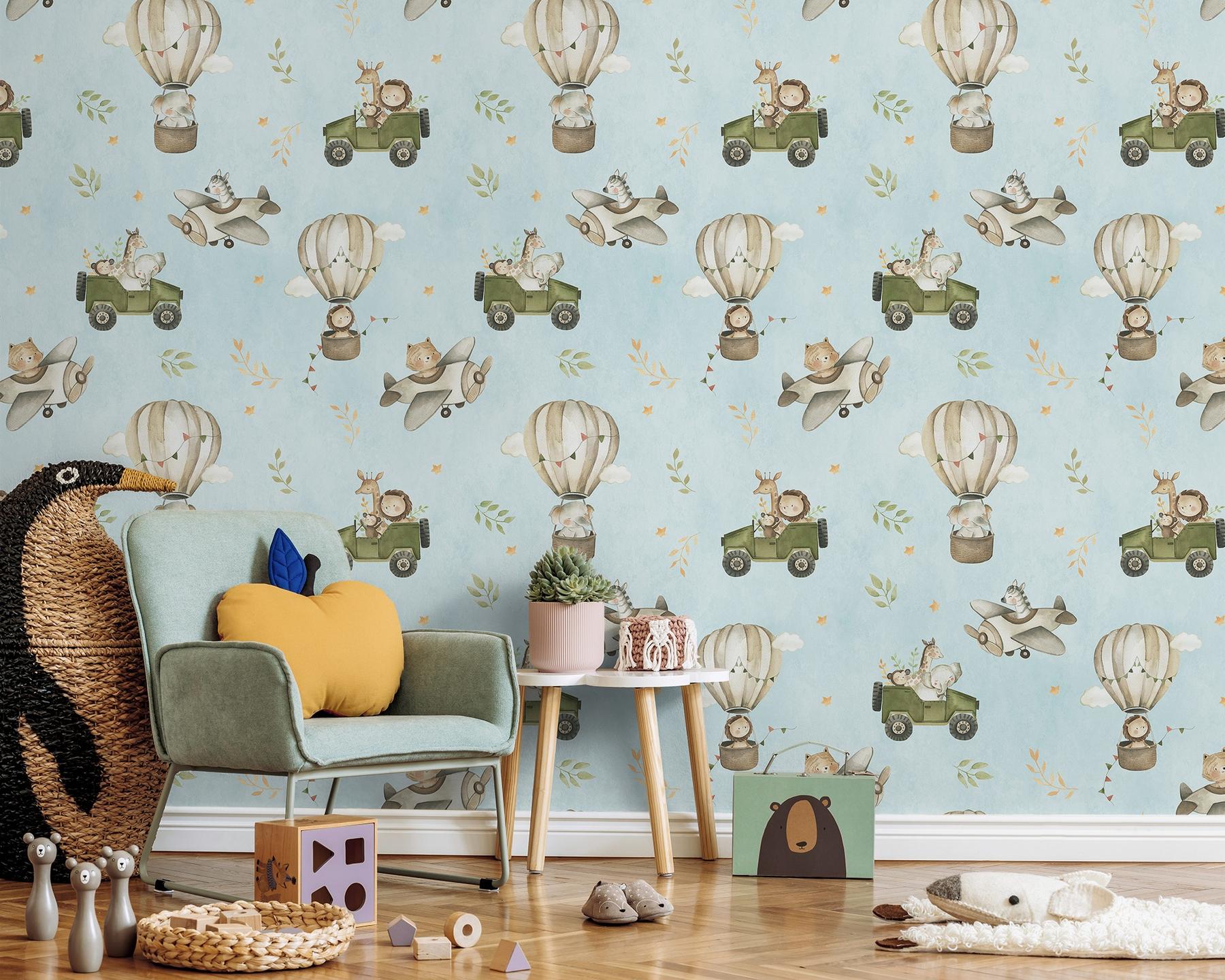 Kids Cute Cartoon Animals in Planes Pattern Wallpaper Mural