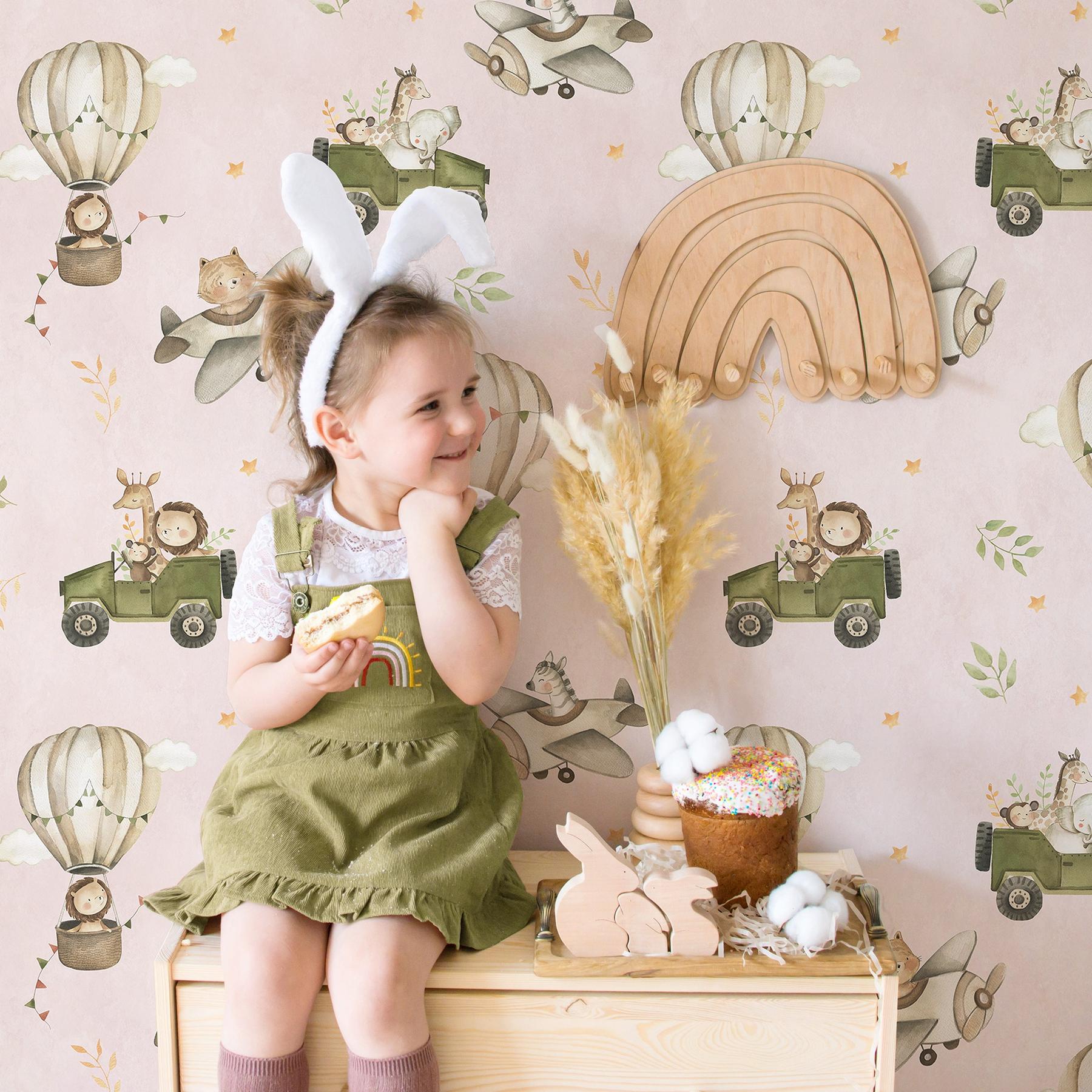 Kids Cute Cartoon Animals in Planes Pattern Wallpaper Mural