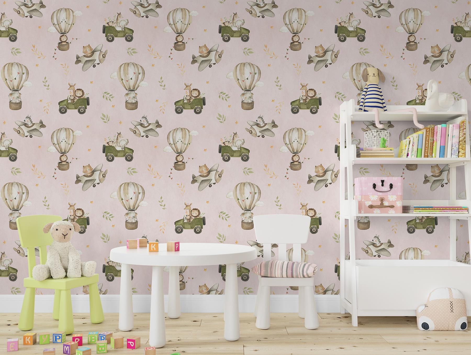 Kids Cute Cartoon Animals in Planes Pattern Wallpaper Mural