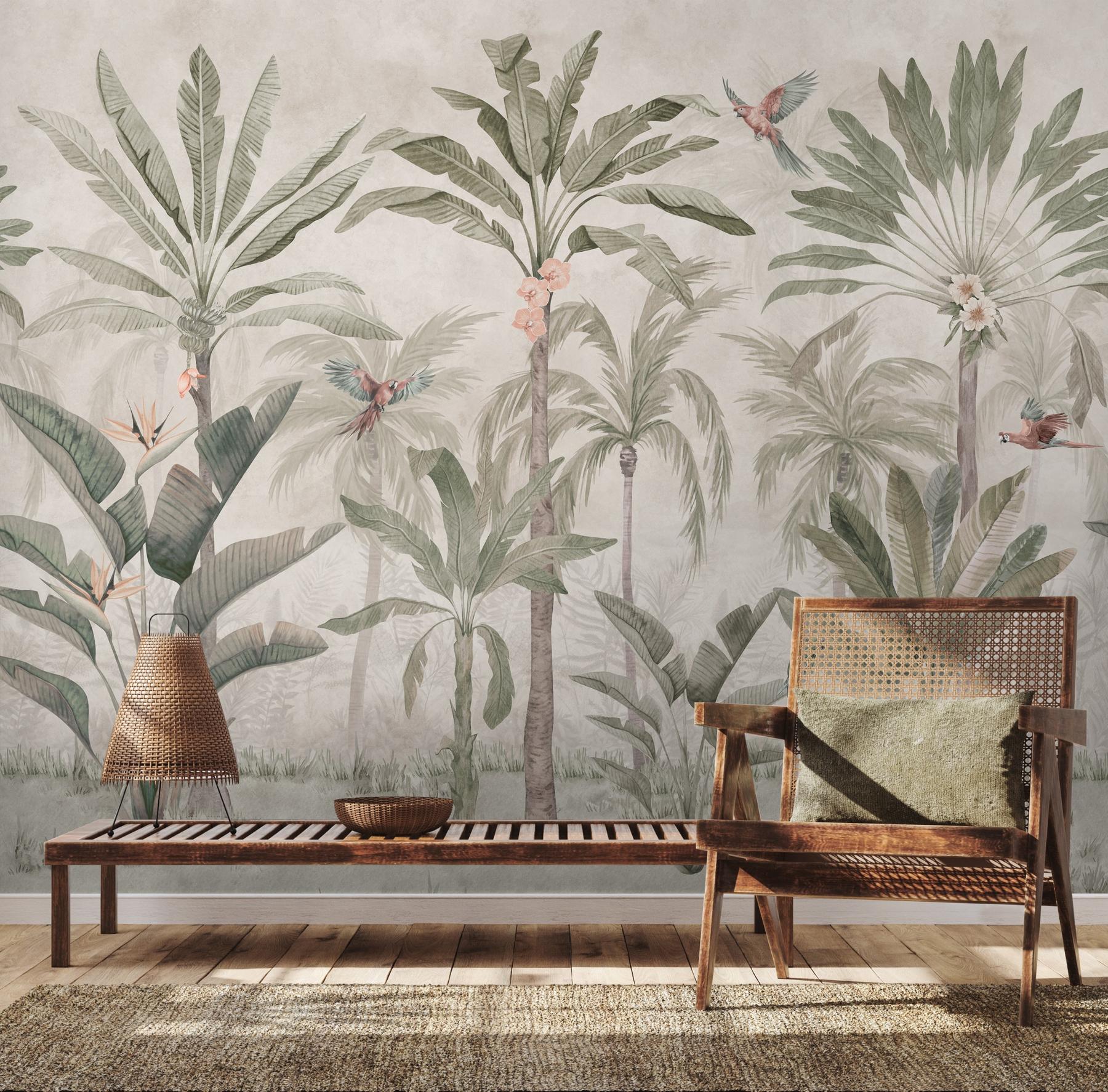 Tropical Palm Trees and Parrots Wallpaper Mural