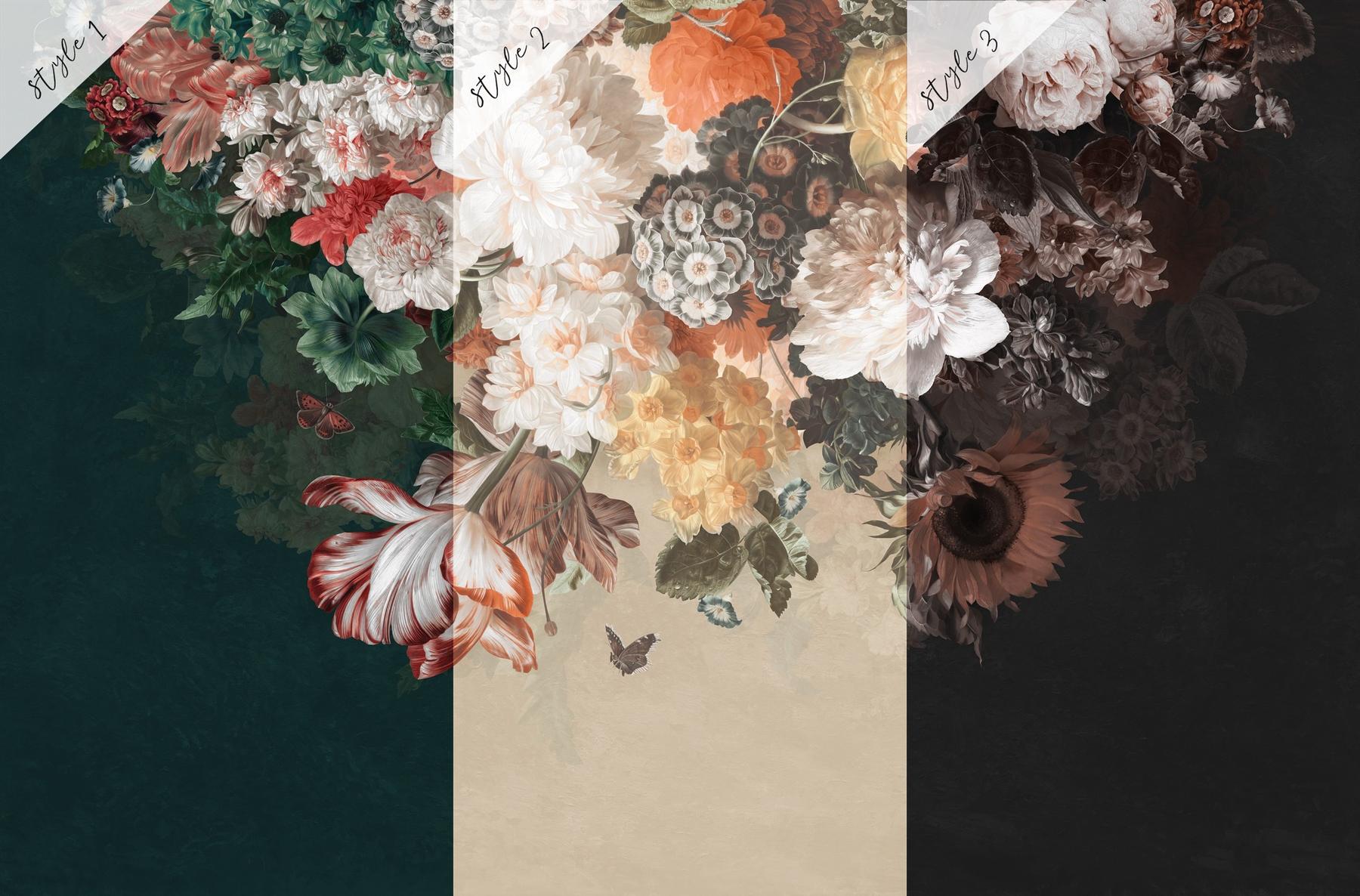 Enchanted Dark Dutch Floral Bouquet Wallpaper Mural