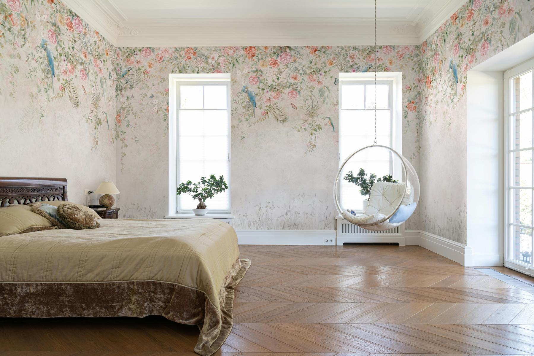 Colorful Ivy Floral and  Birds Wallpaper Mural
