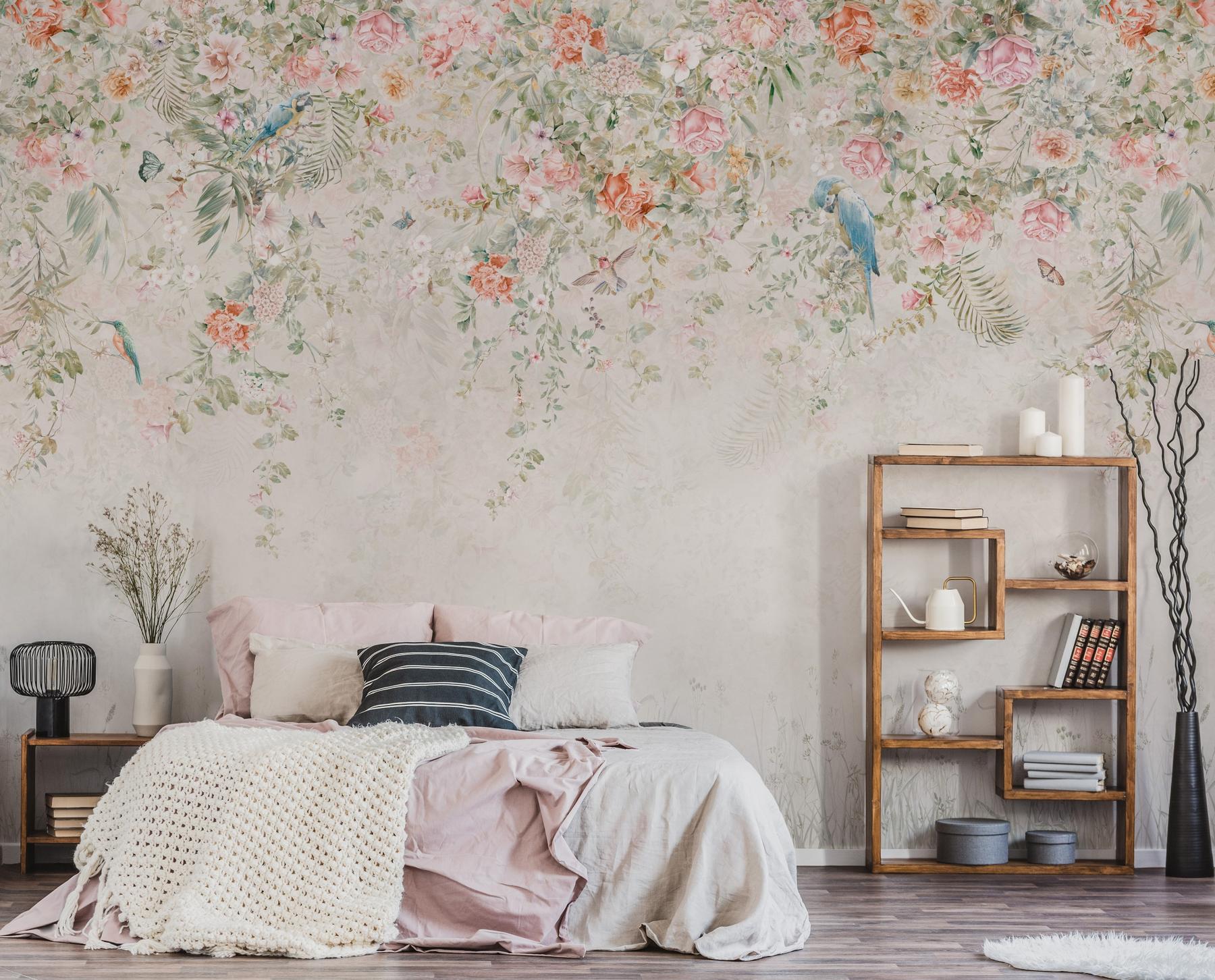 Colorful Ivy Floral and  Birds Wallpaper Mural