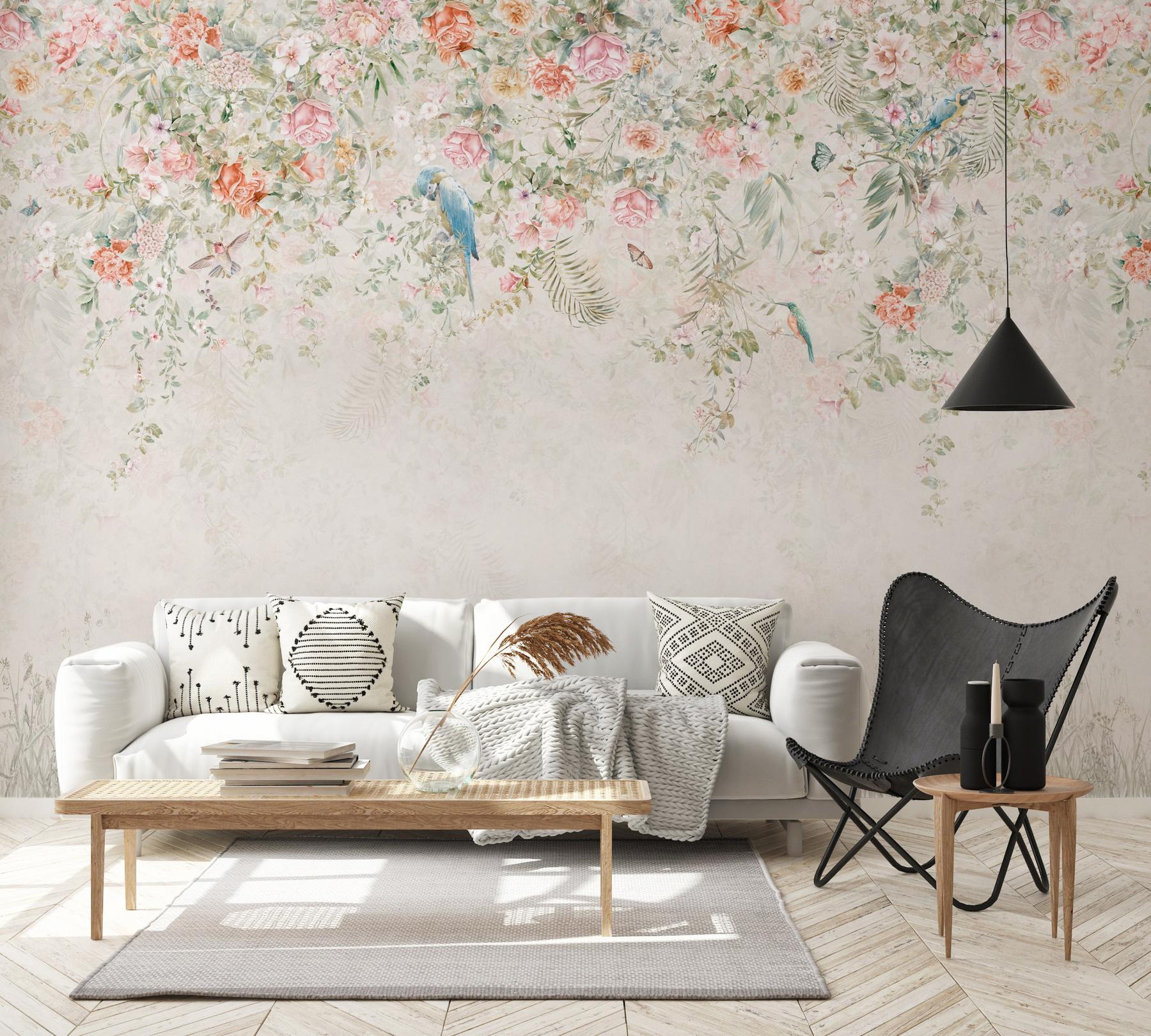 Colorful Ivy Floral and  Birds Wallpaper Mural