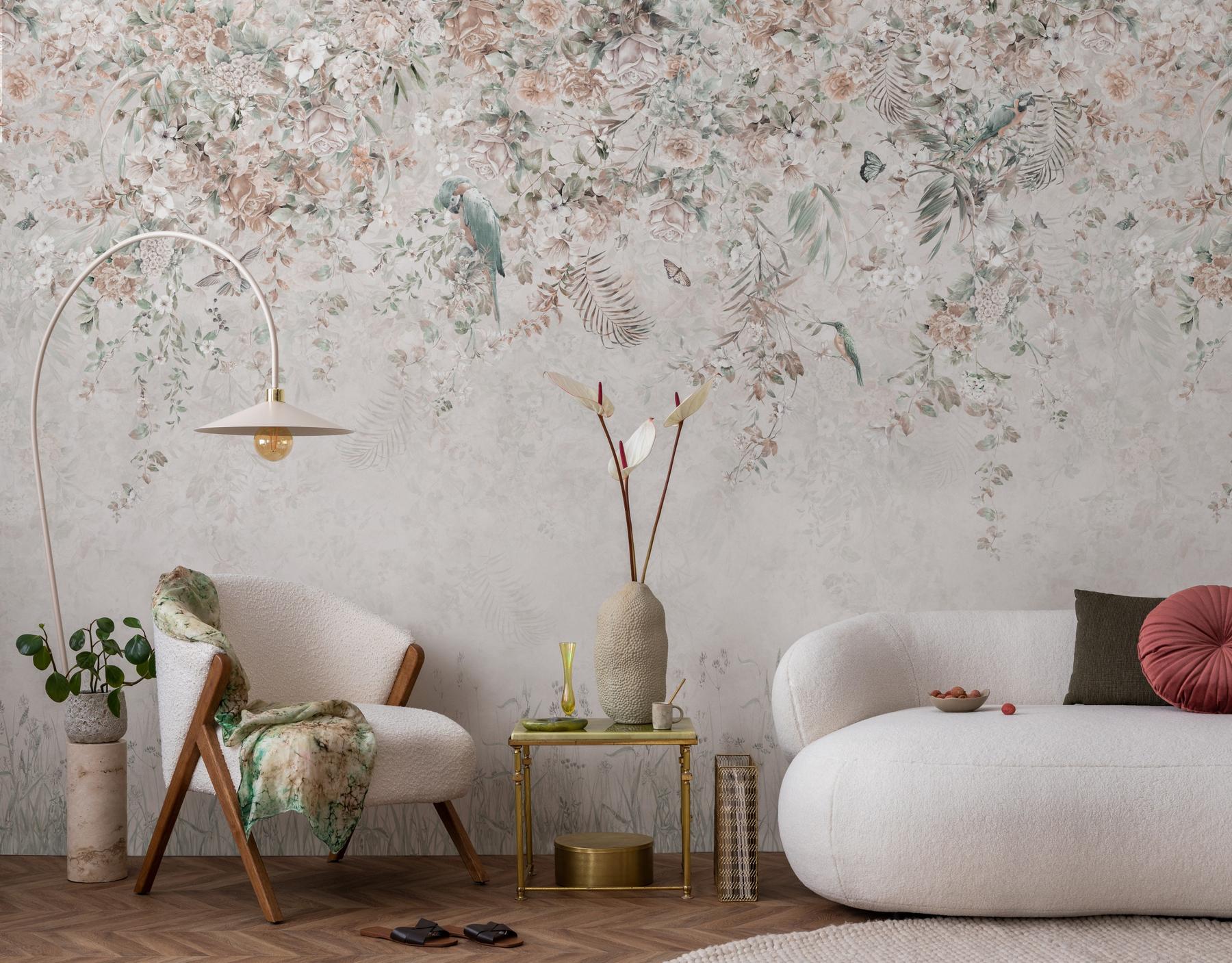 Whimsical Ivy Floral and  Birds Wallpaper Mural