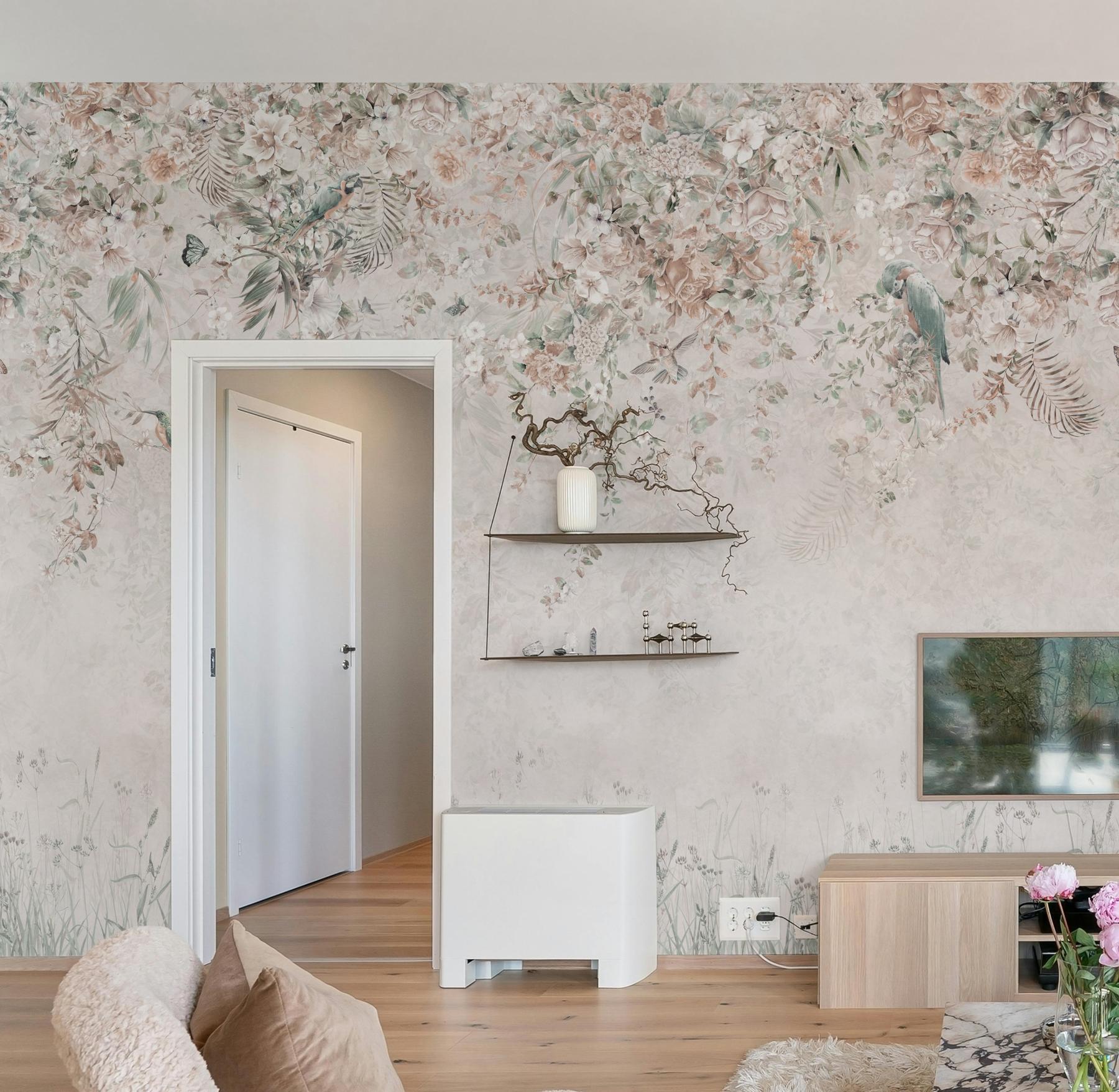 Whimsical Ivy Floral and  Birds Wallpaper Mural