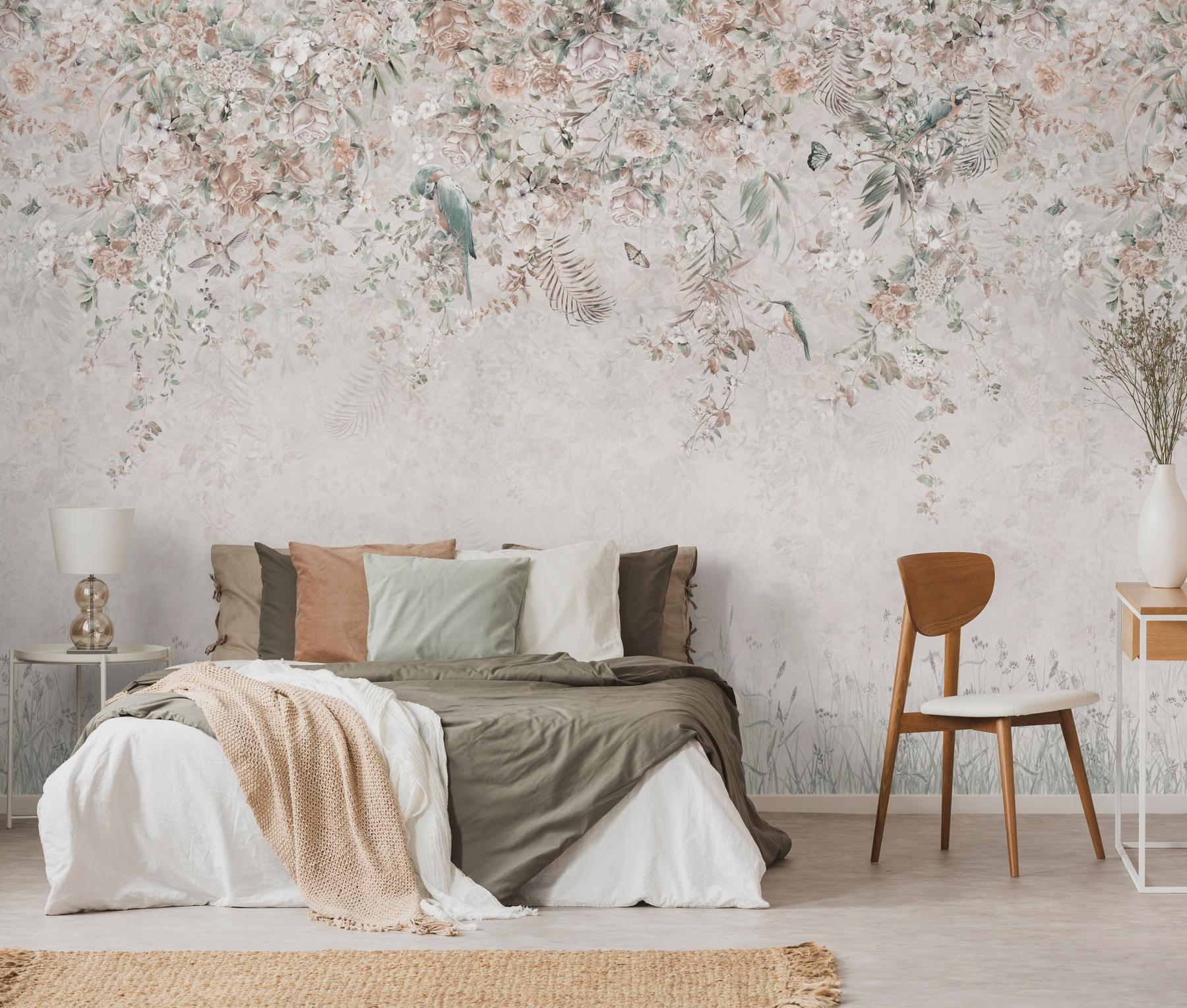Whimsical Ivy Floral and  Birds Wallpaper Mural