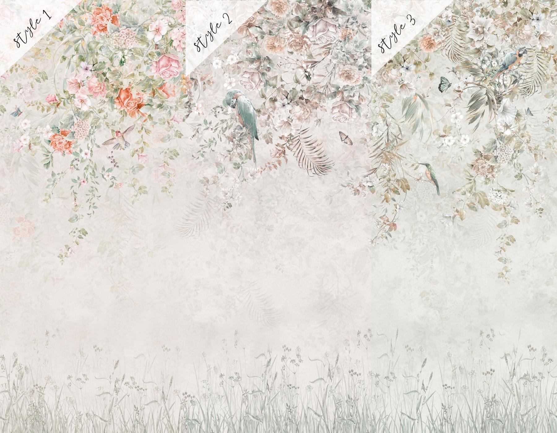 Whimsical Ivy Floral and  Birds Wallpaper Mural