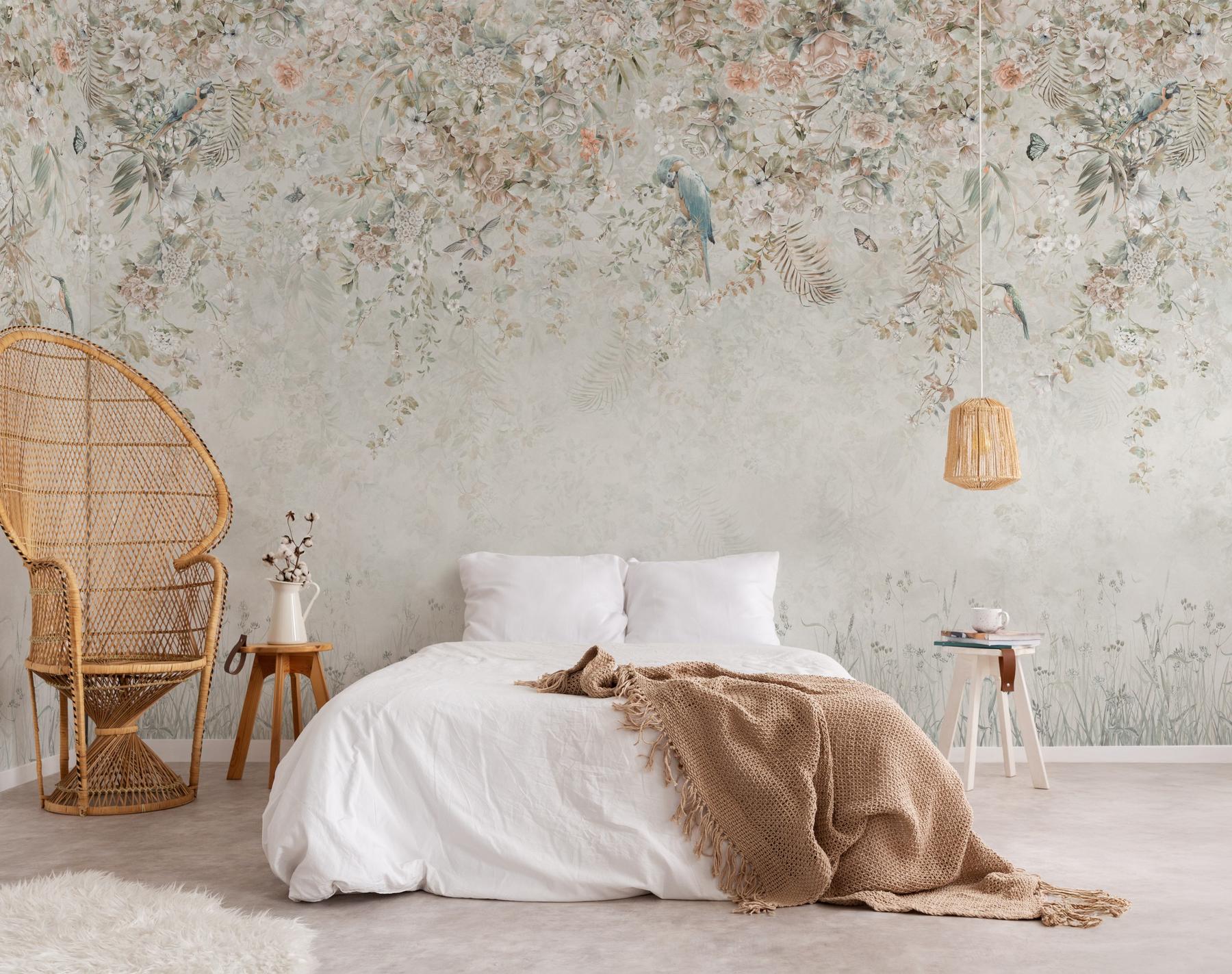 Whimsical Ivy Floral and  Birds Wallpaper Mural