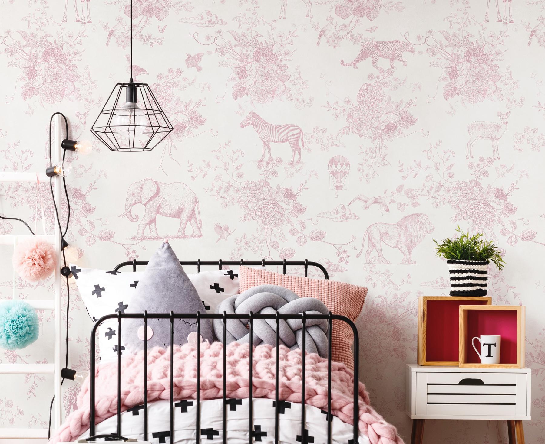Kids Whimsical Safari Animal and Floral Wallpaper Mural