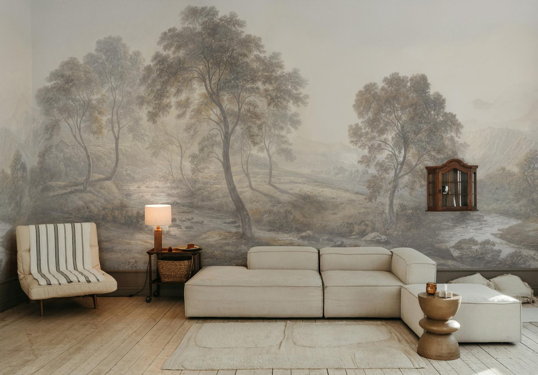Serene Misty Mountain and River Landscape Wall Mural