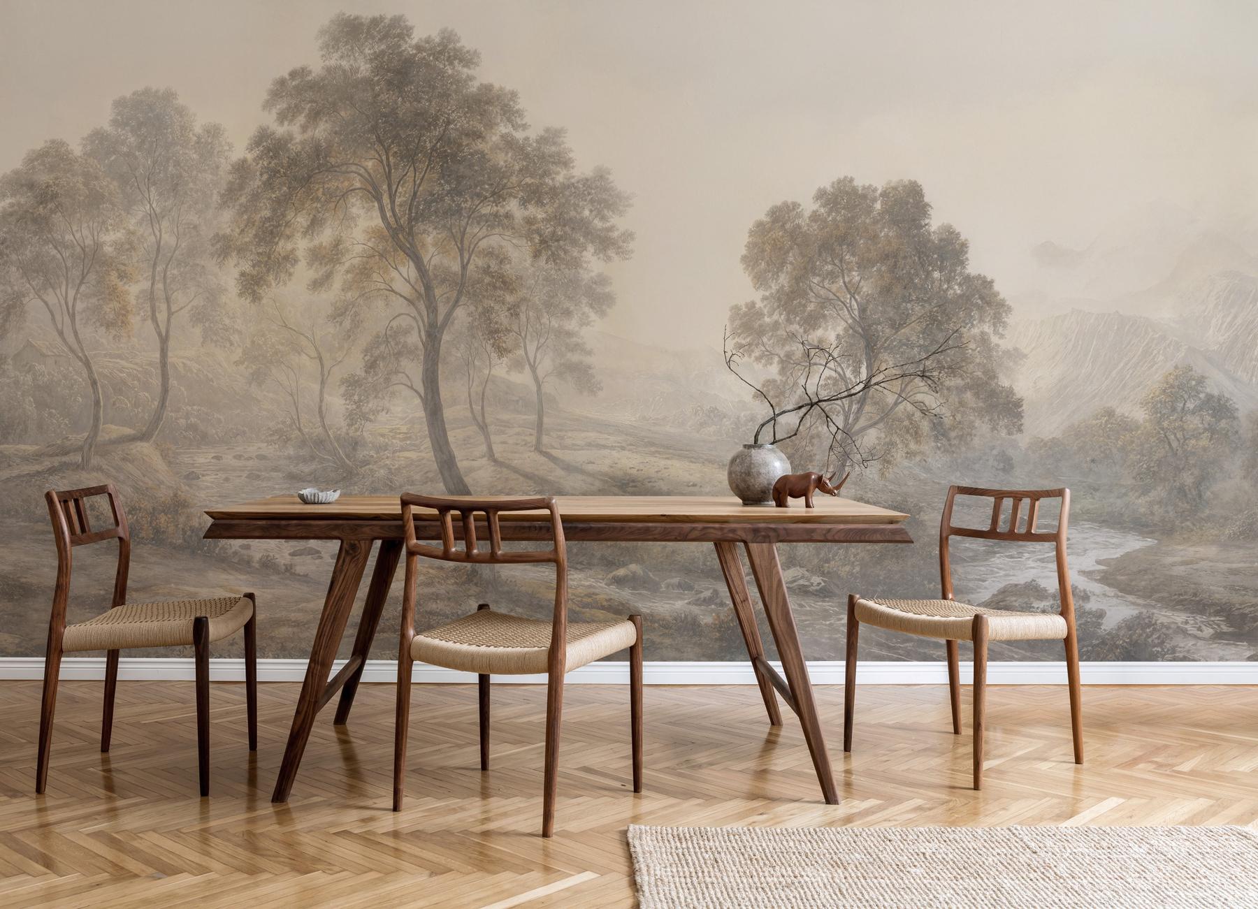Serene Misty Mountain and River Landscape Wall Mural