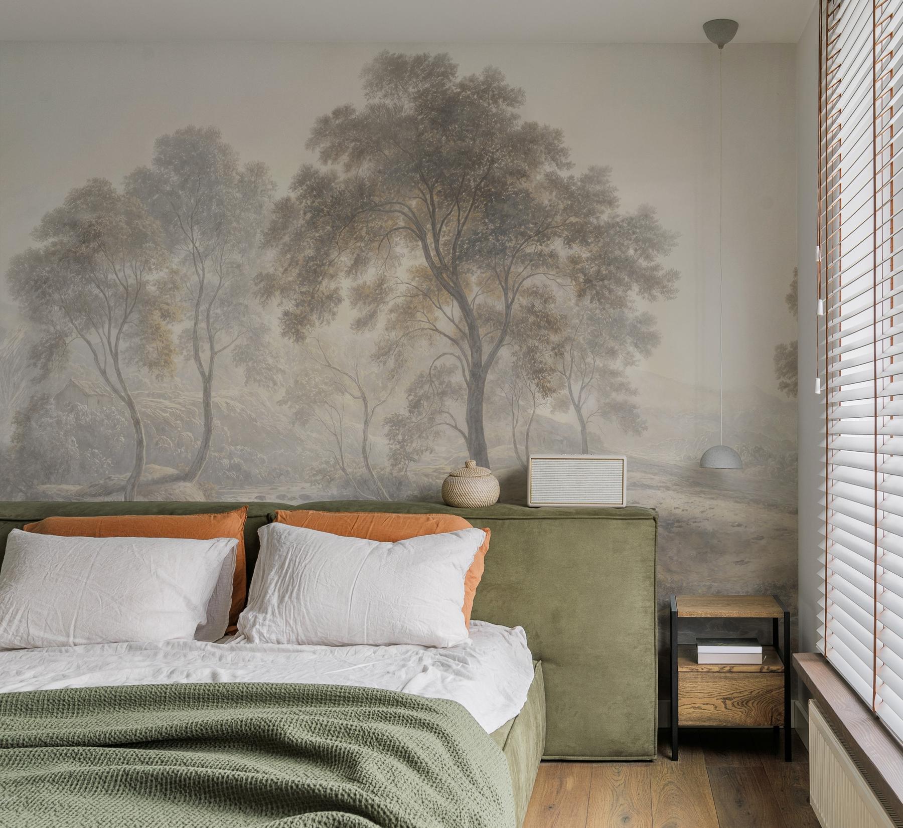 Serene Misty Mountain and River Landscape Wall Mural