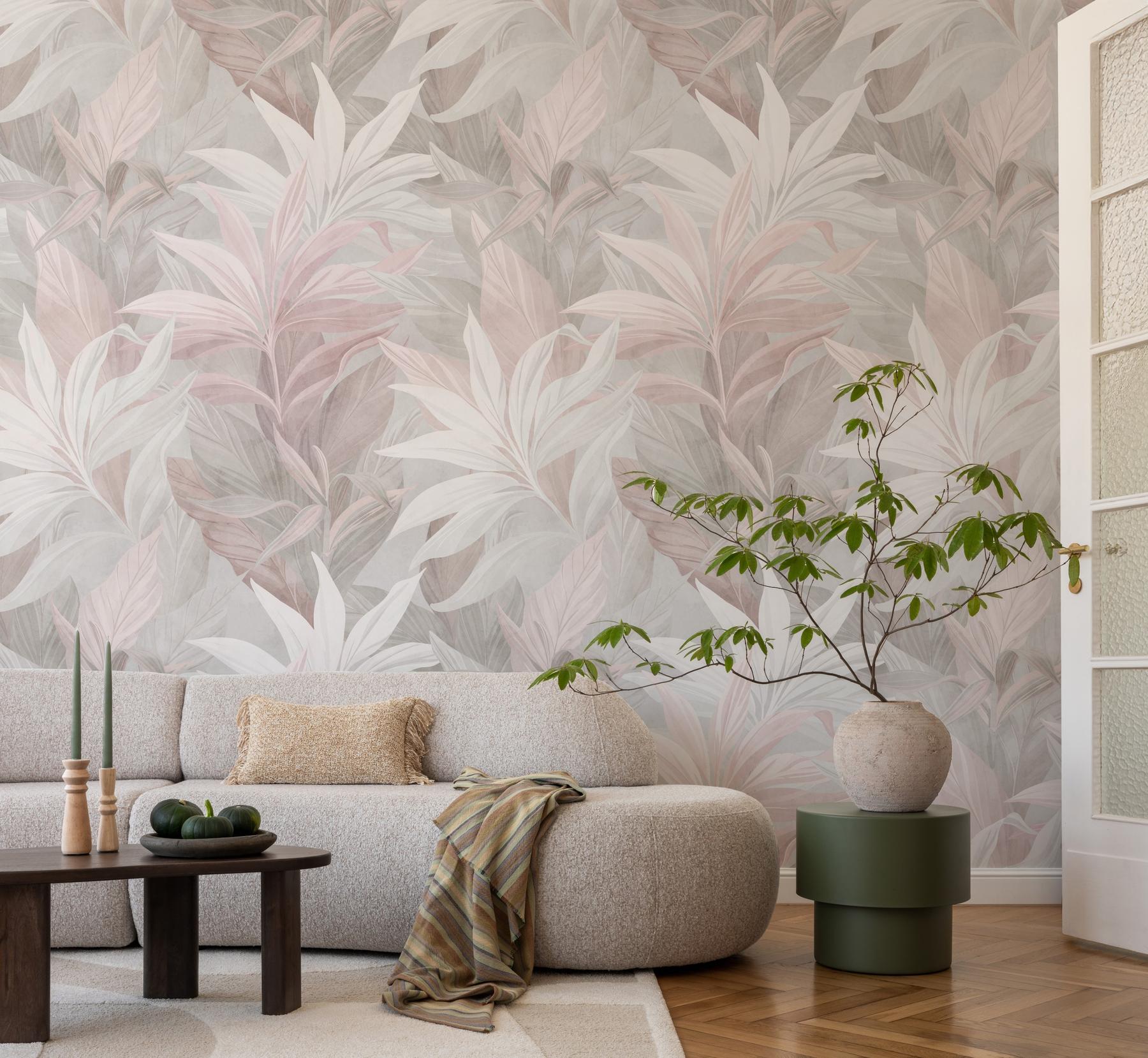 Elegant Pastel Color Lily Leaves Wallpaper Mural