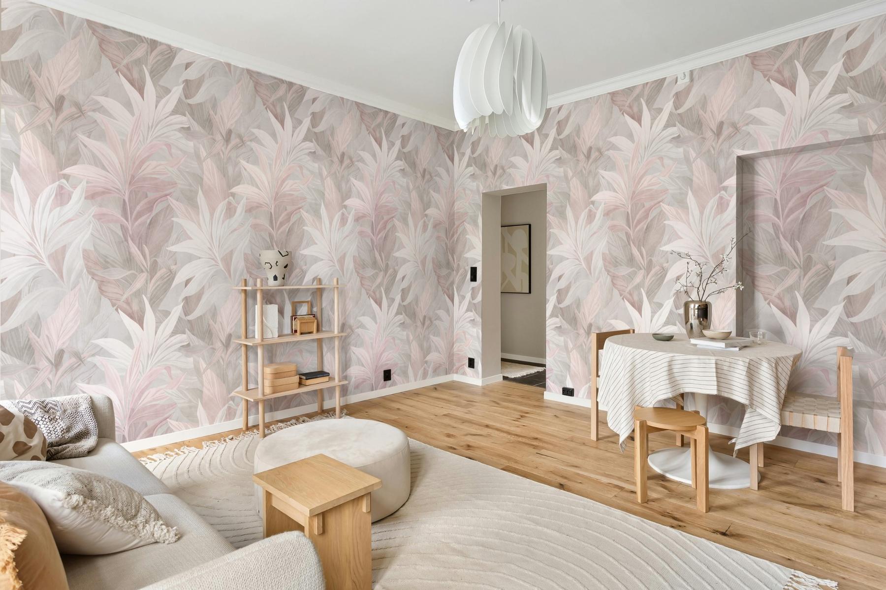 Elegant Pastel Color Lily Leaves Wallpaper Mural