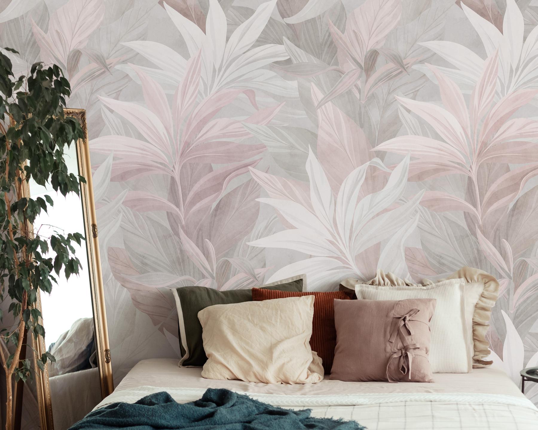 Elegant Pastel Color Lily Leaves Wallpaper Mural
