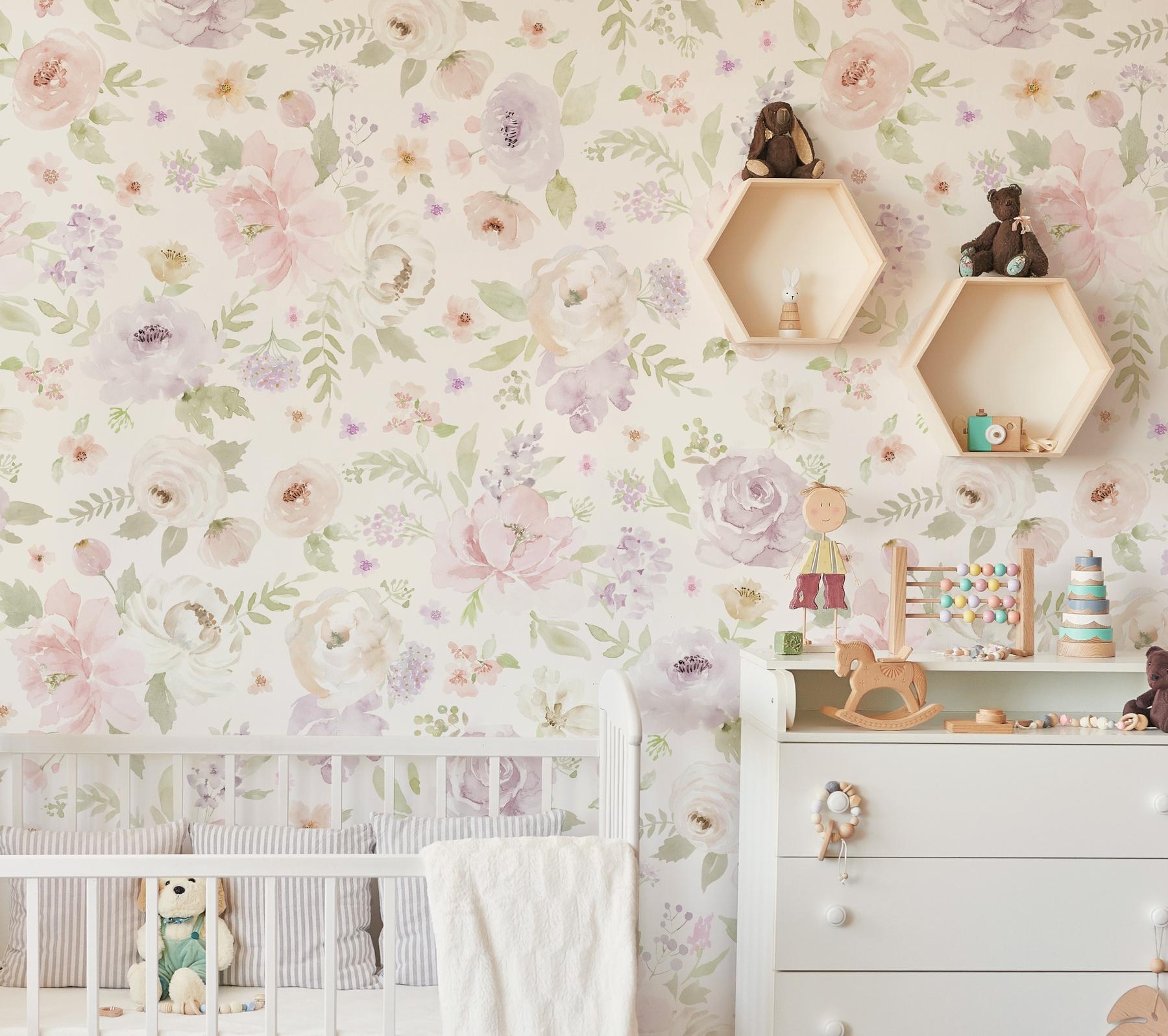 Kids Romantic Watercolor Floral Wallpaper Mural