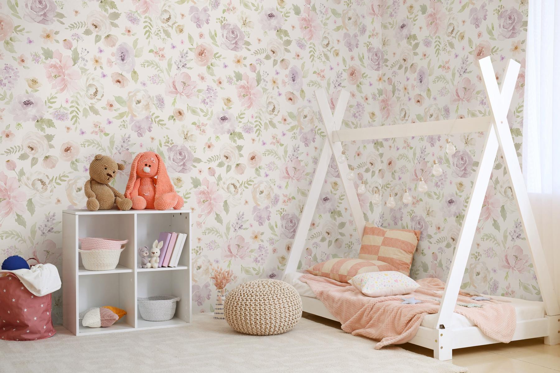 Kids Romantic Watercolor Floral Wallpaper Mural
