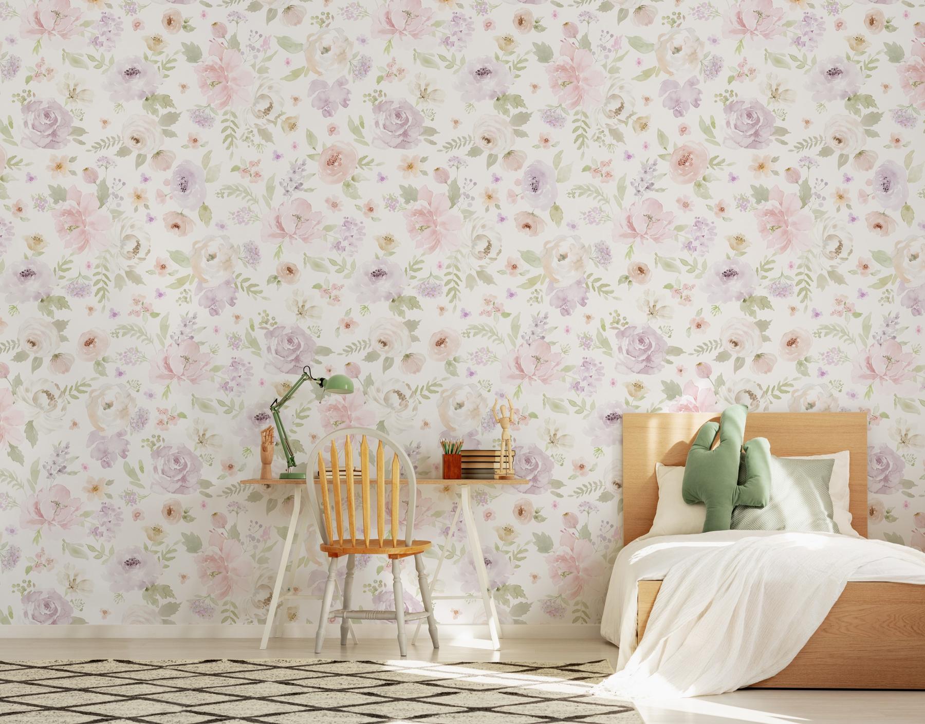 Kids Romantic Watercolor Floral Wallpaper Mural