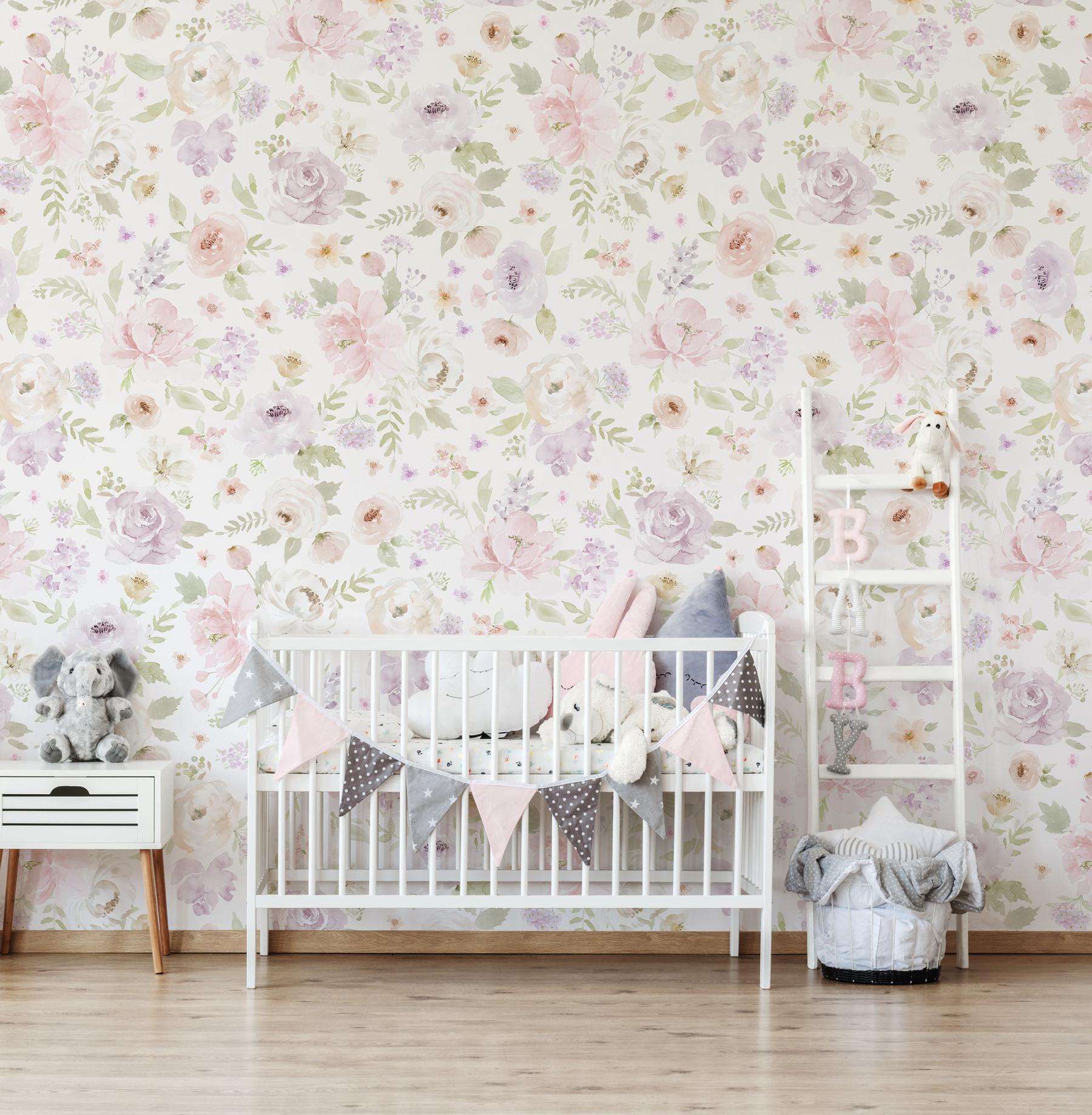 Kids Romantic Watercolor Floral Wallpaper Mural