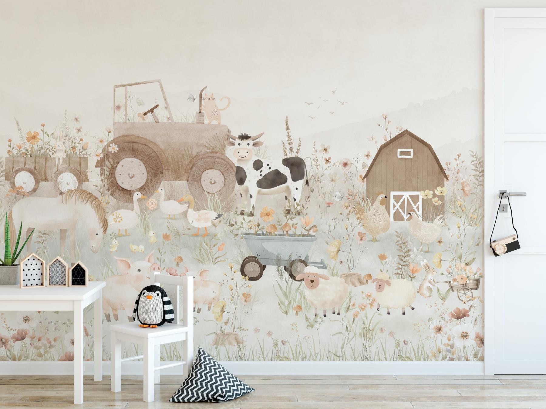 Kids Pastel Farm Animals Wallpaper Mural