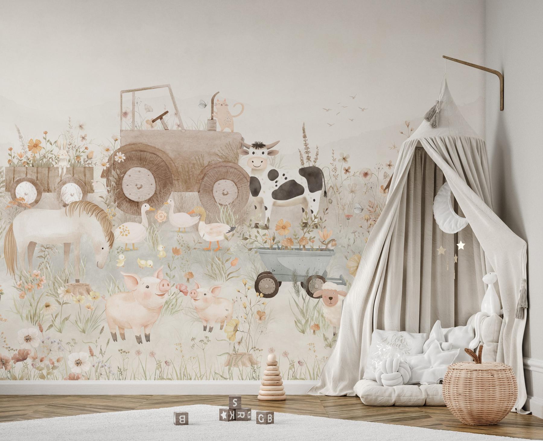 Kids Pastel Farm Animals Wallpaper Mural