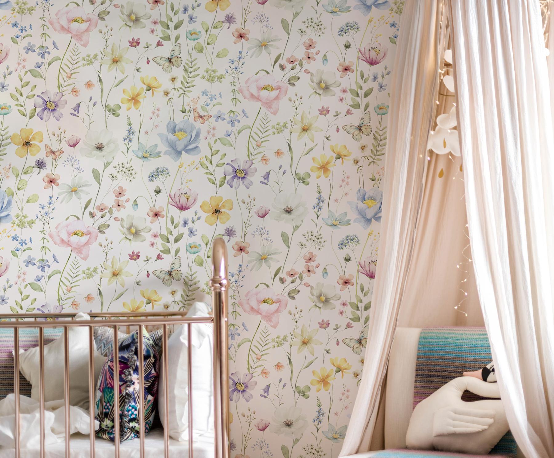 Kids Colorful Wildflower Garden and Butterflies Wallpaper Mural