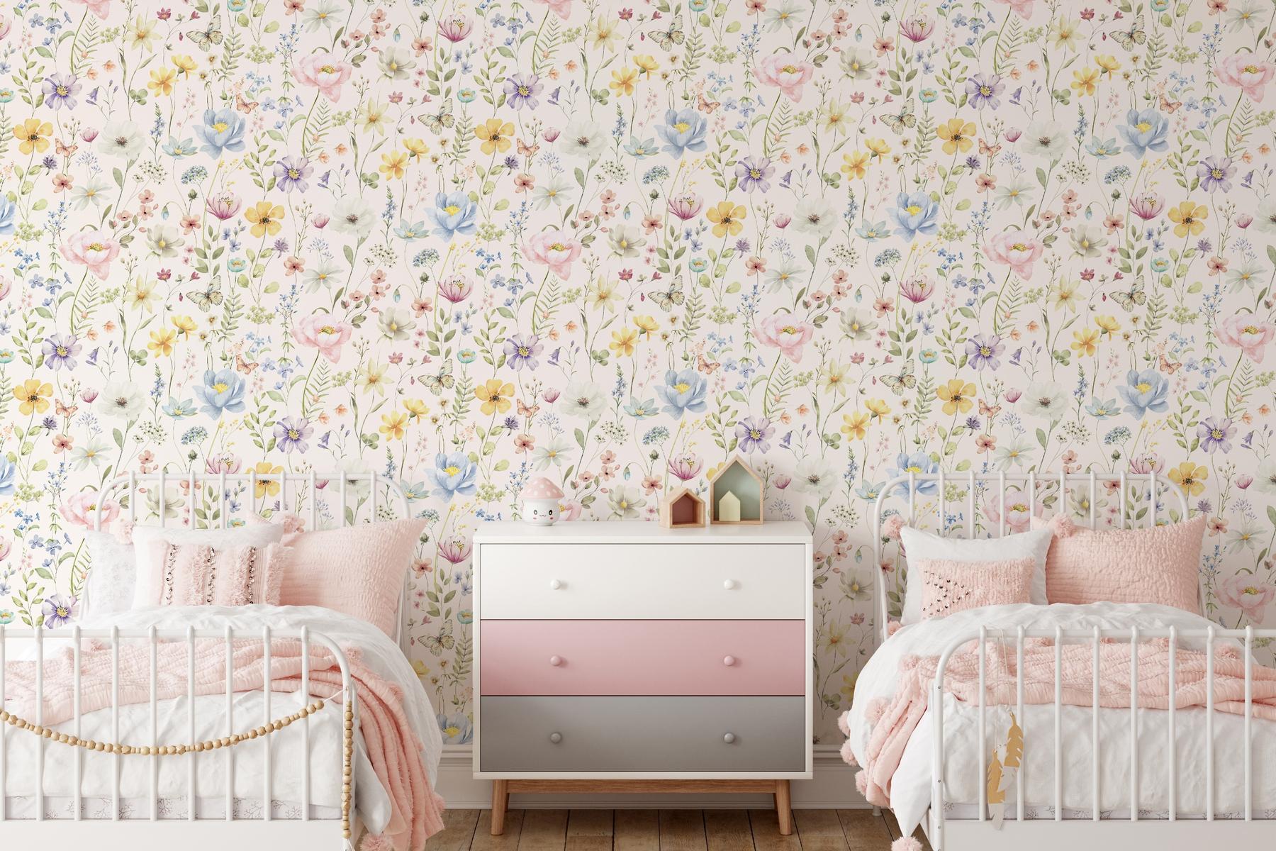 Kids Colorful Wildflower Garden and Butterflies Wallpaper Mural