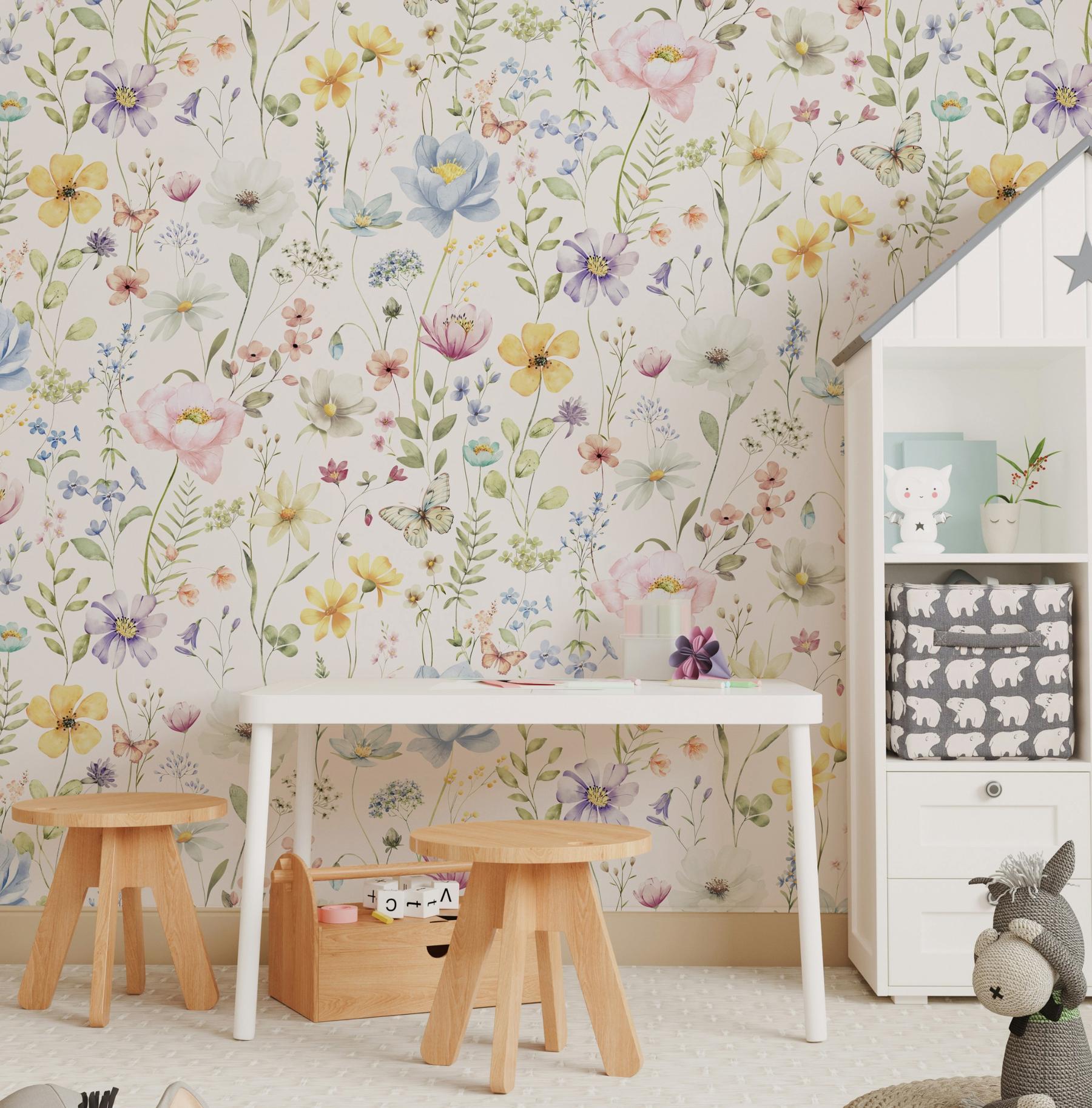 Kids Colorful Wildflower Garden and Butterflies Wallpaper Mural