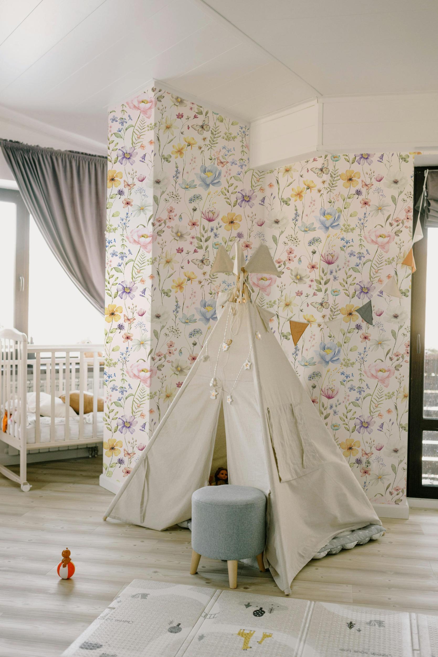 Kids Colorful Wildflower Garden and Butterflies Wallpaper Mural