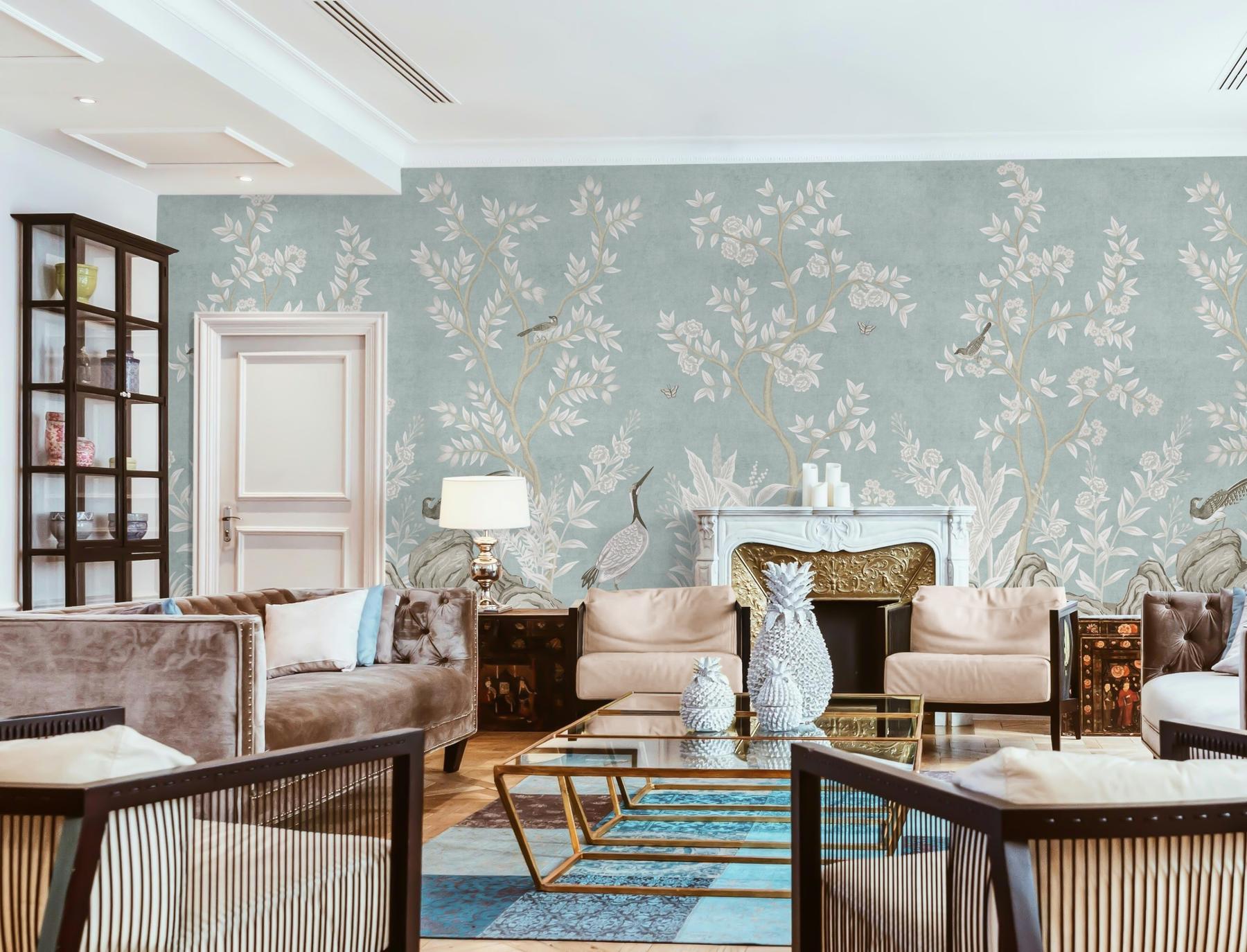 Elegant Chinoiserie Birds and Leaves Wallpaper Mural