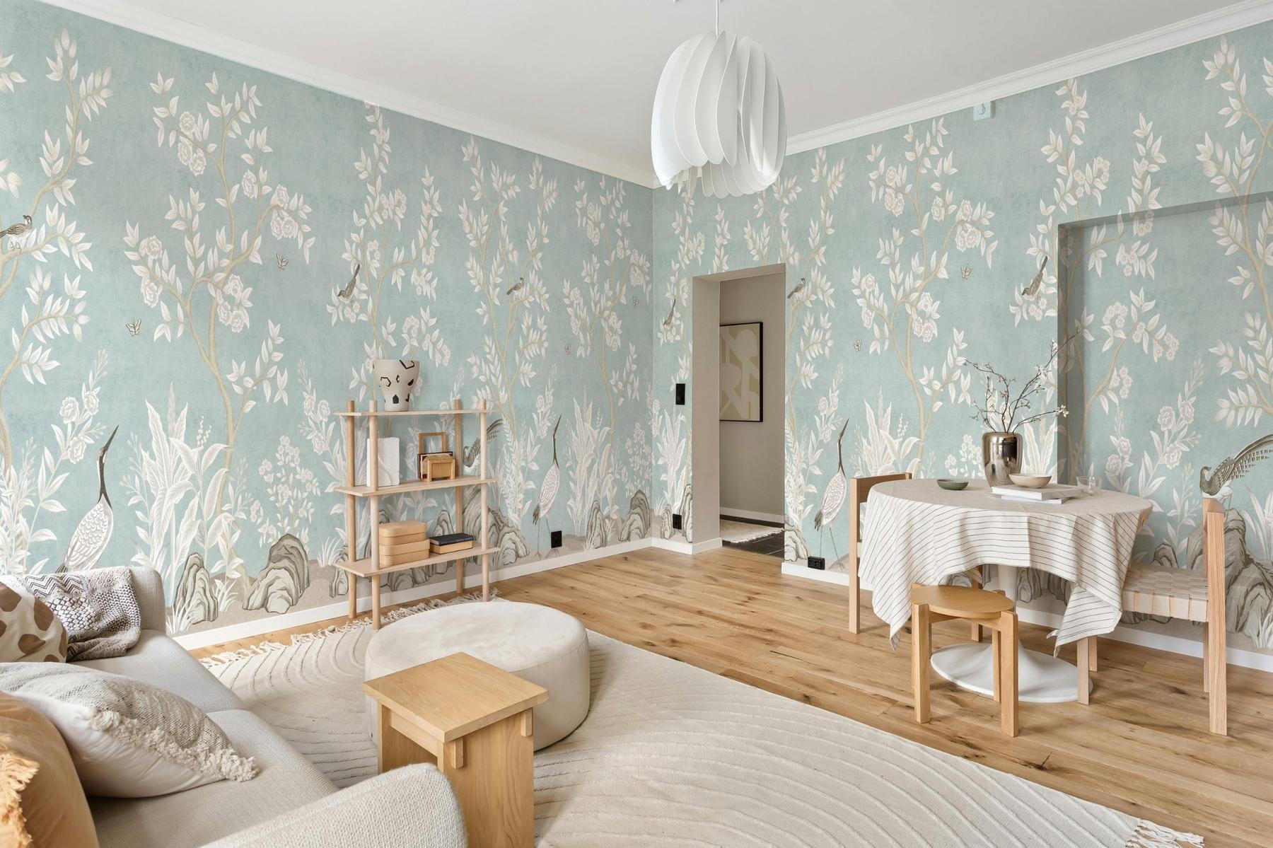 Elegant Chinoiserie Birds and Leaves Wallpaper Mural