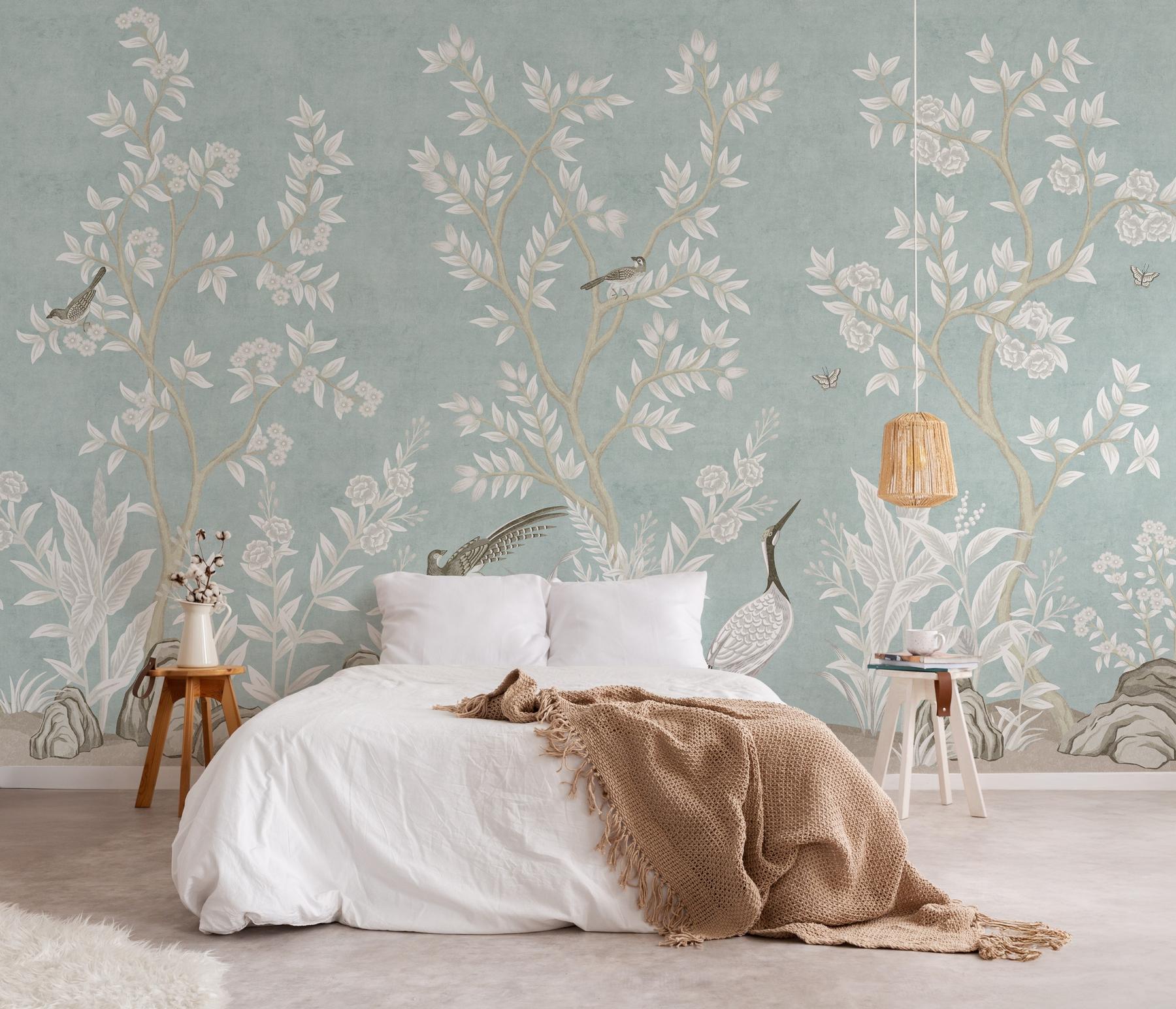 Elegant Chinoiserie Birds and Leaves Wallpaper Mural