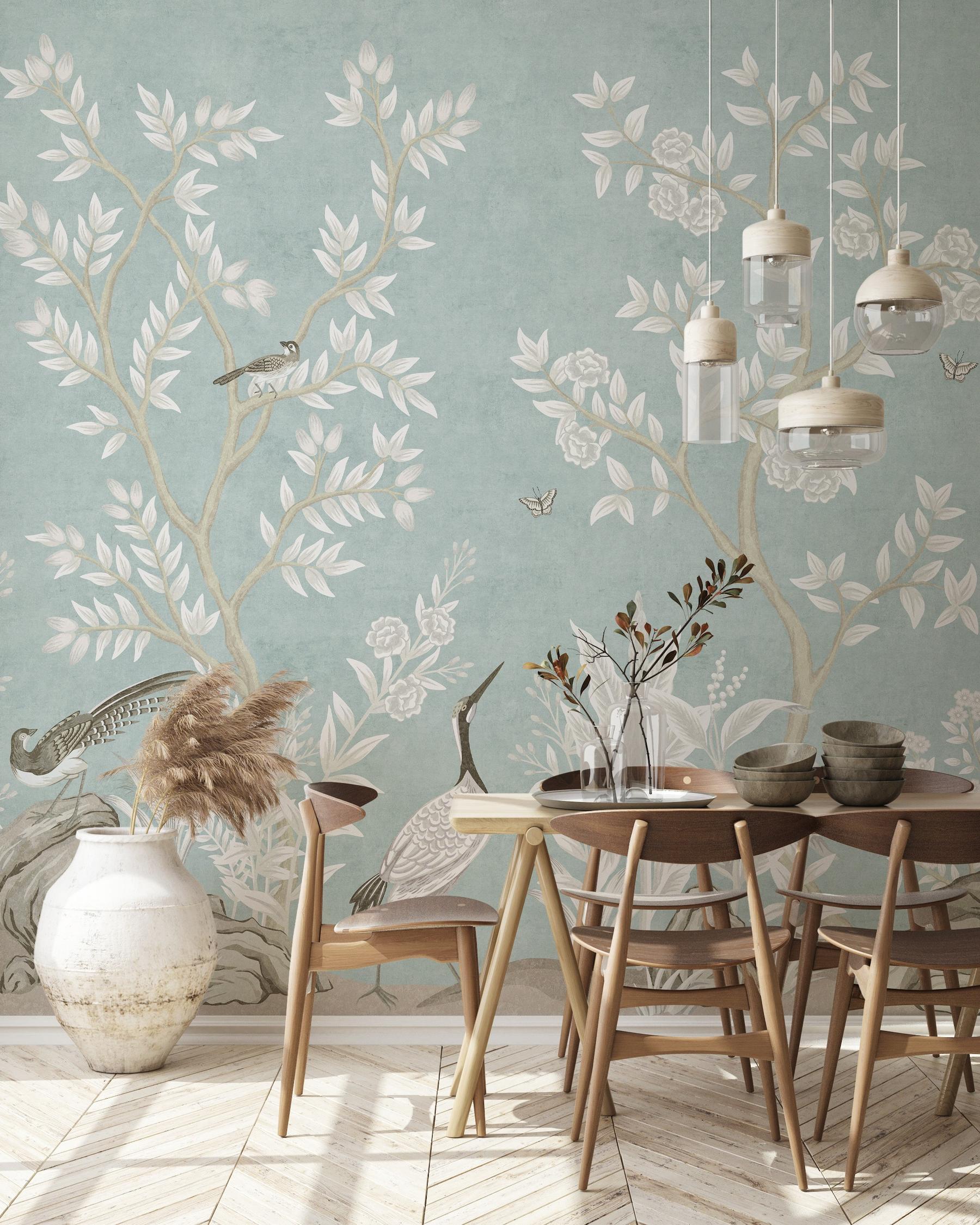 Elegant Chinoiserie Birds and Leaves Wallpaper Mural