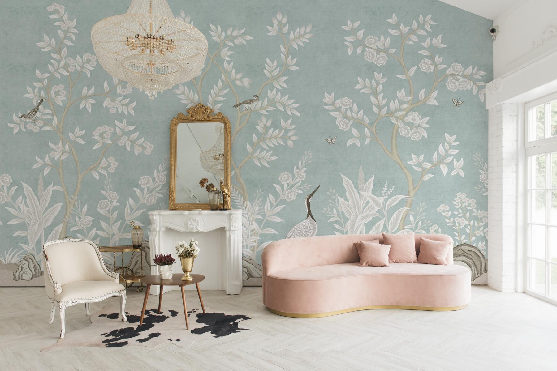 Elegant Chinoiserie Birds and Leaves Wallpaper Mural