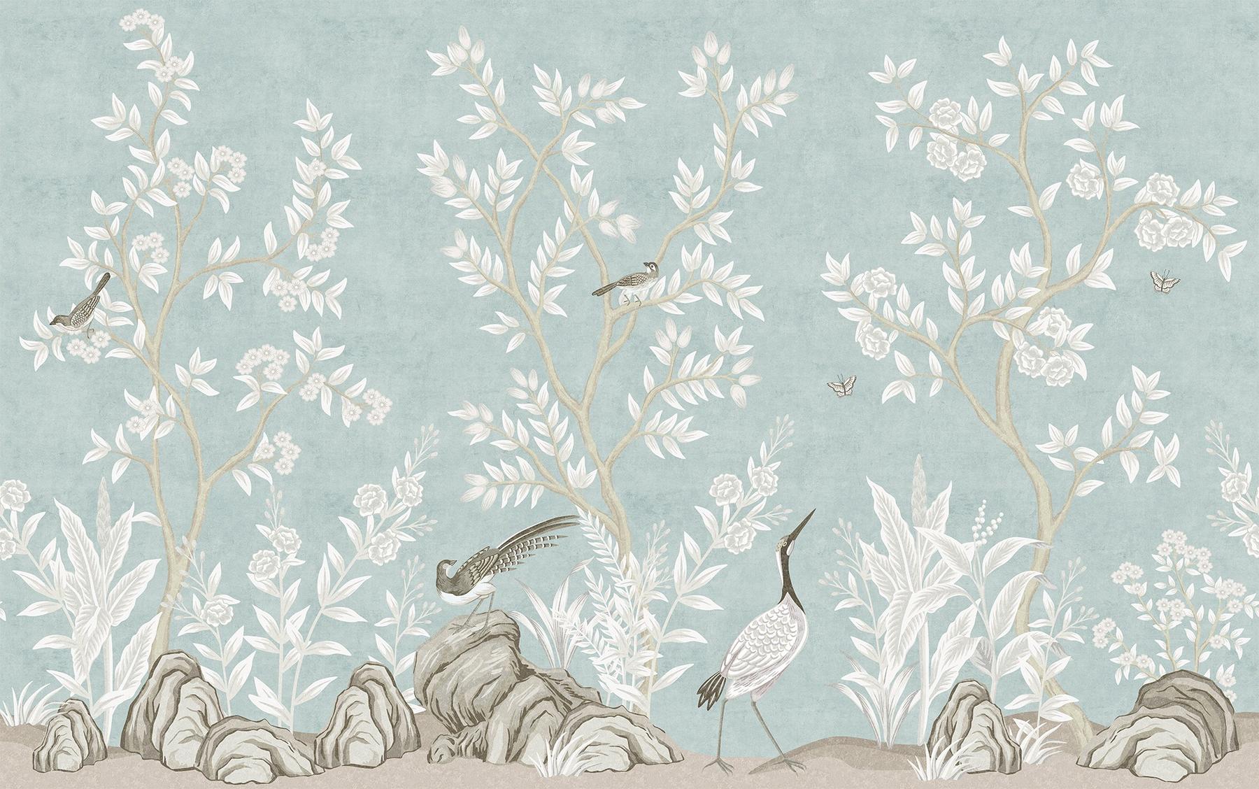 Elegant Chinoiserie Birds and Leaves Wallpaper Mural