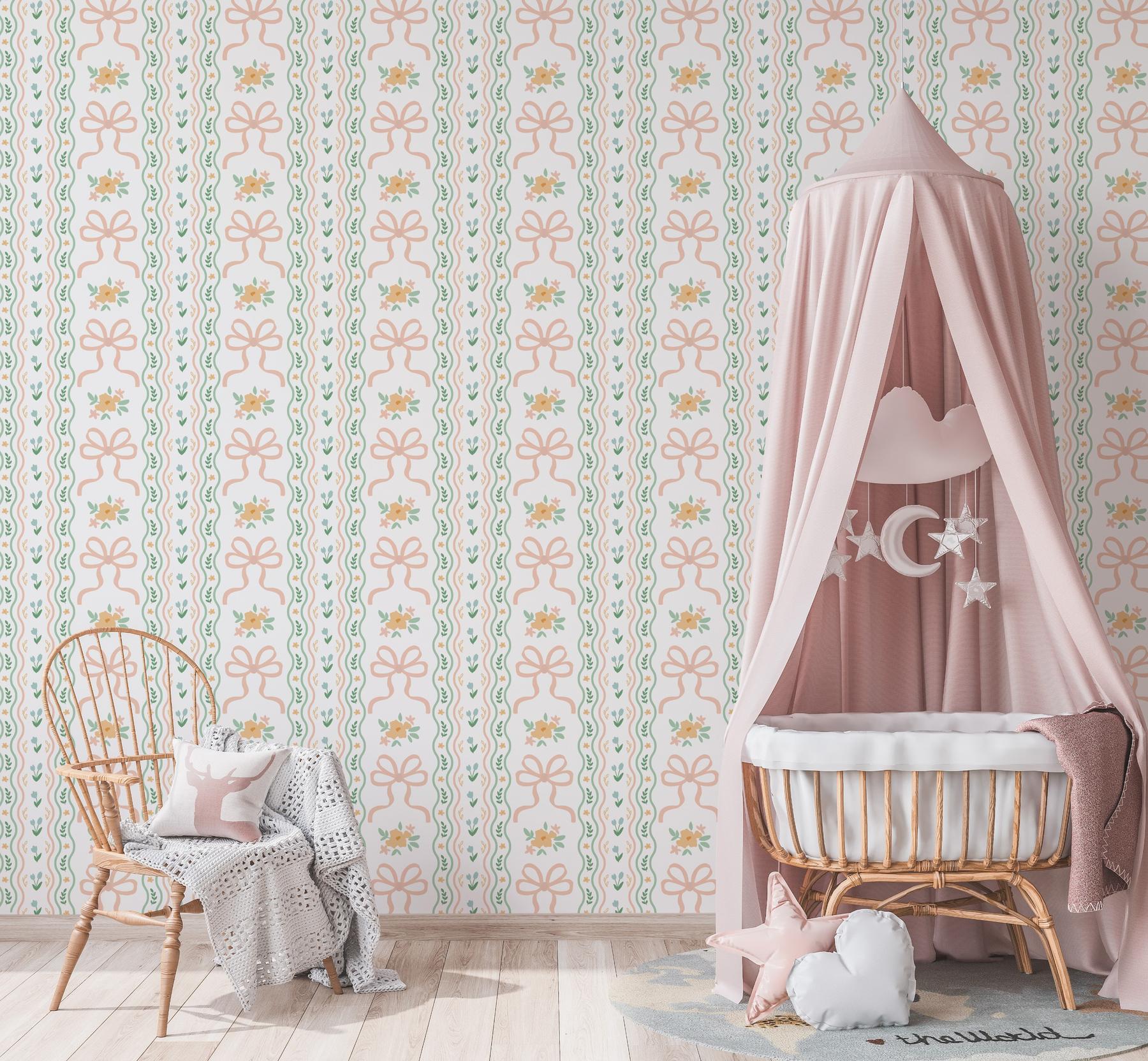 Charming Ribbon and Flowers Wallpaper Mural