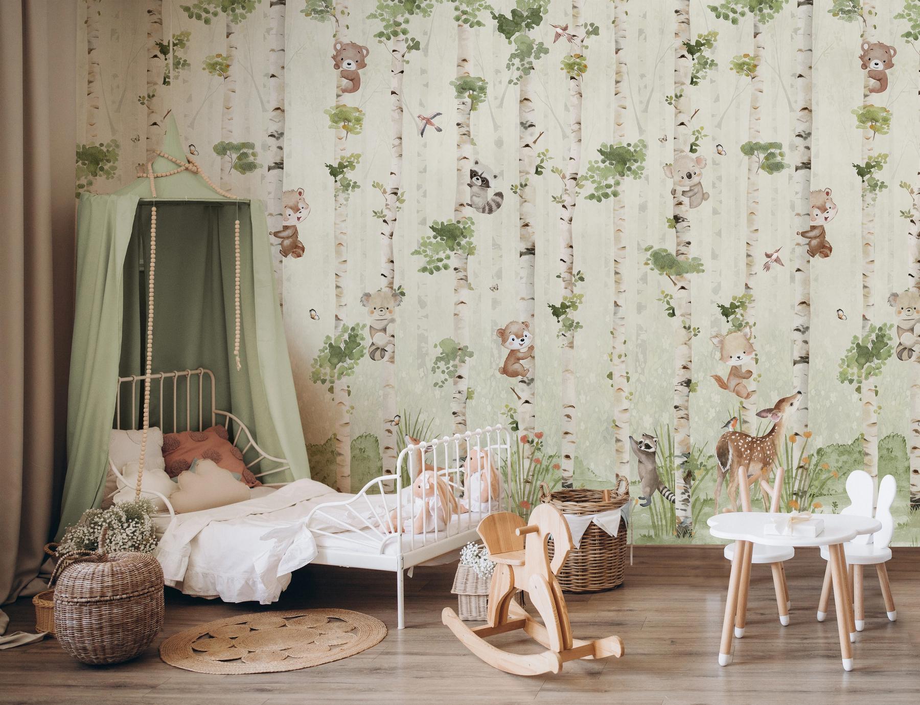 Cute Animals and Birch Tree Kids Wallpaper