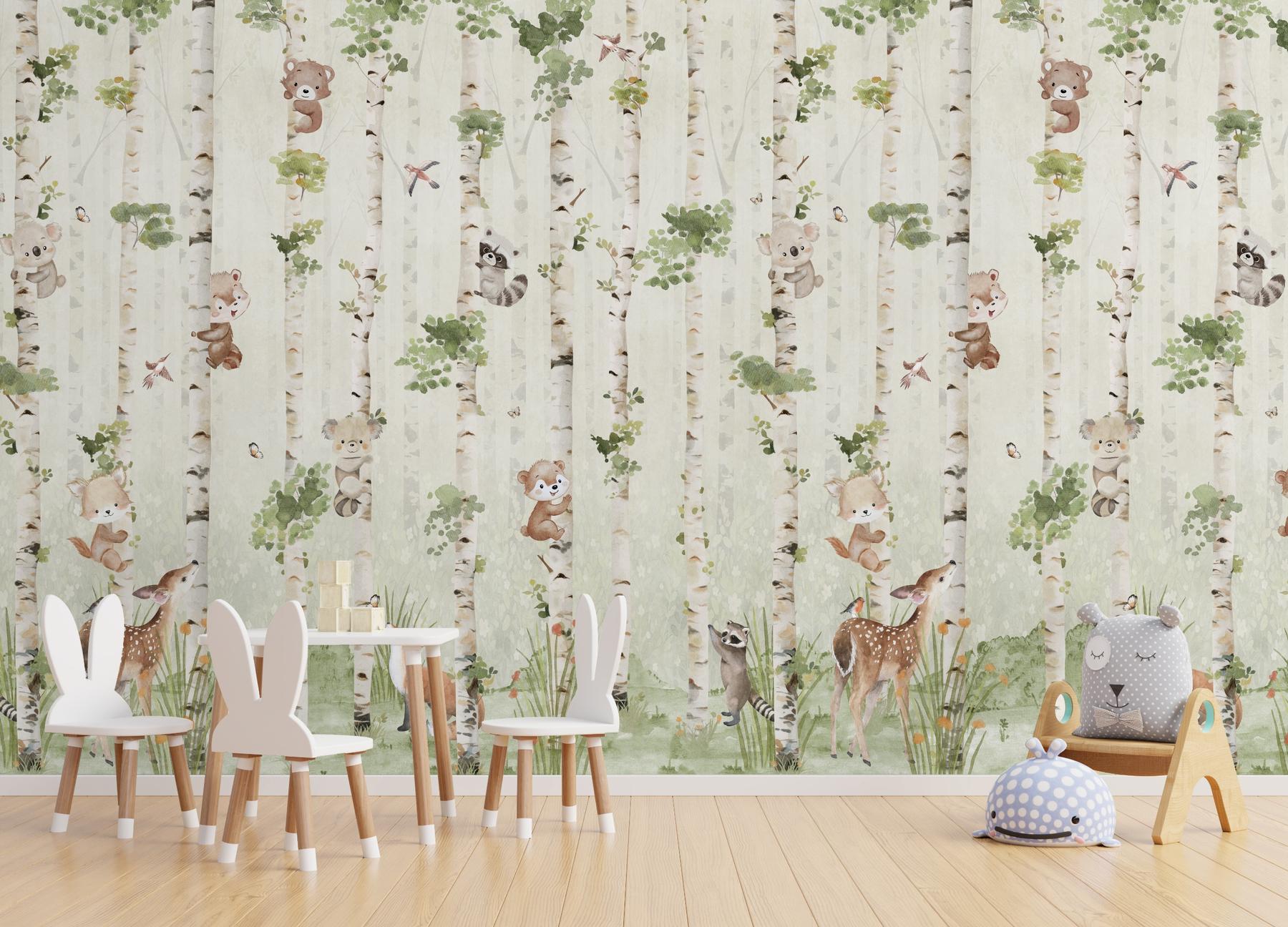 Cute Animals and Birch Tree Kids Wallpaper